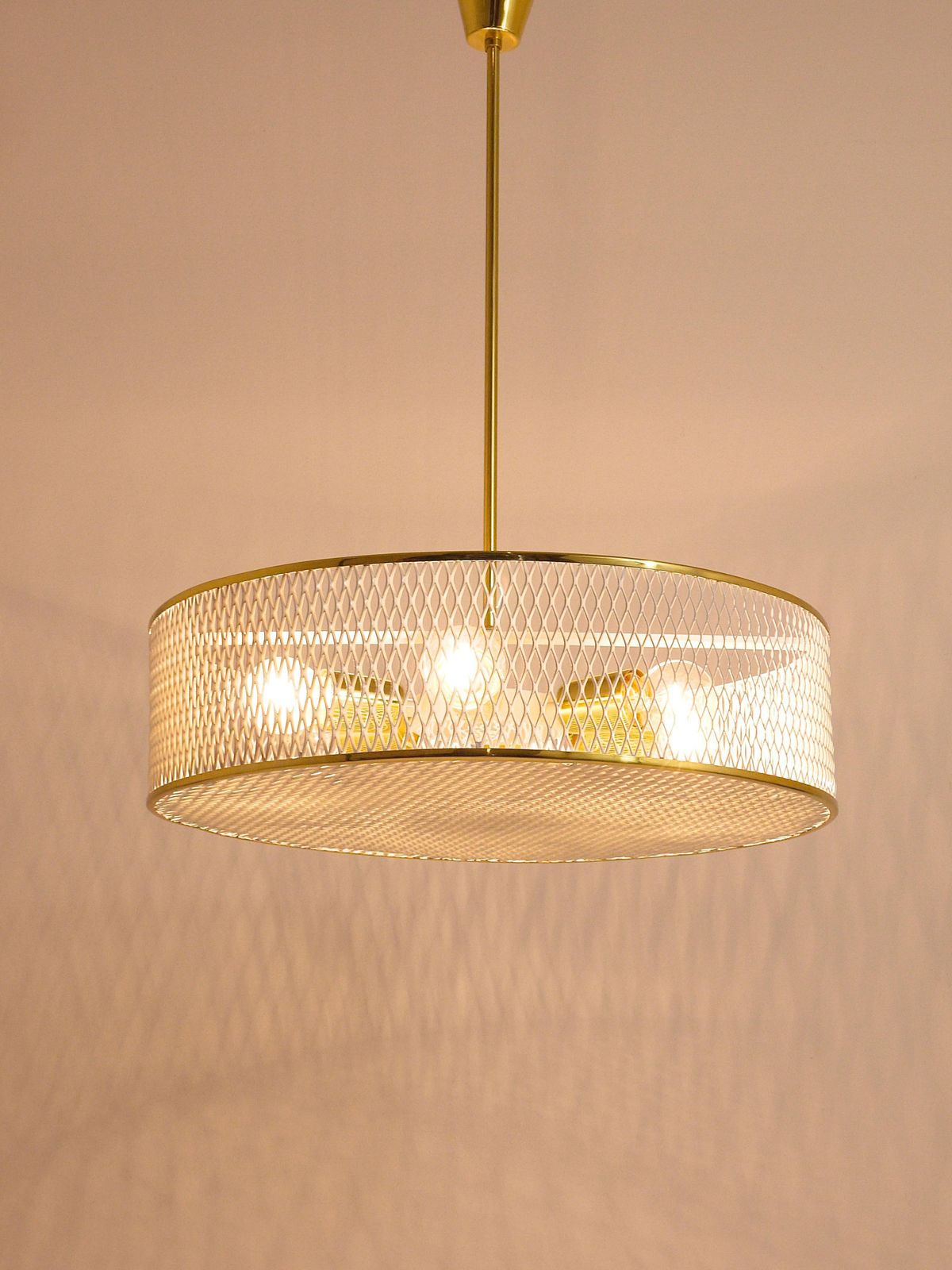 photo for sale Mathieu Matégot Style Midcentury Brass Chandelier Pendant Lamp, France, 1950s