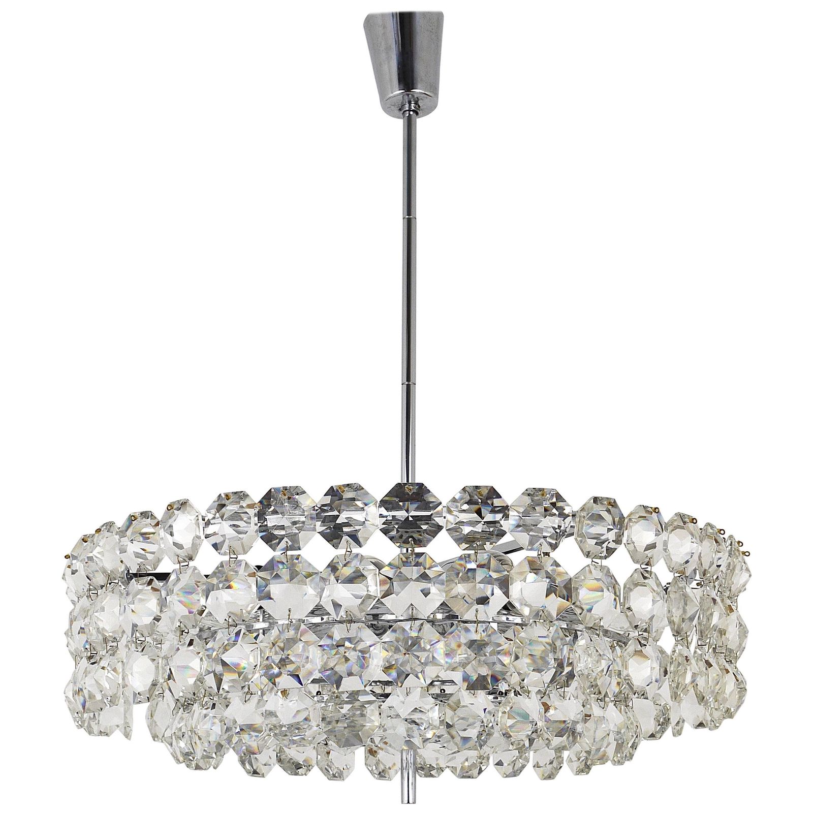 Large Bakalowits Nickel Brass Chandelier With Diamond Crystals, Austria, 1950