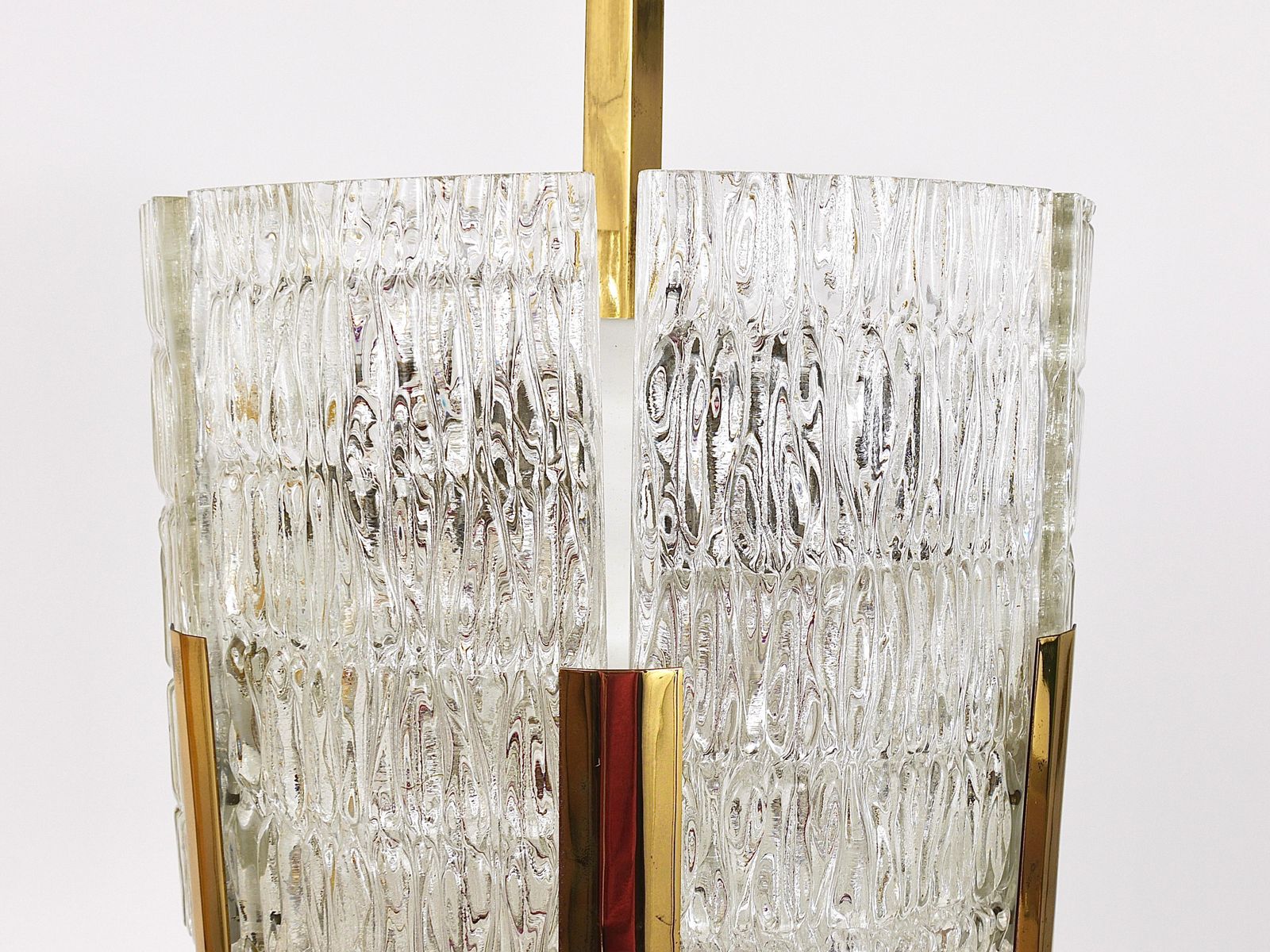 Kalmar Tambour Drum Chandelier, Brass, Textured Ice Glass, Austria, 1960s photo Lighting