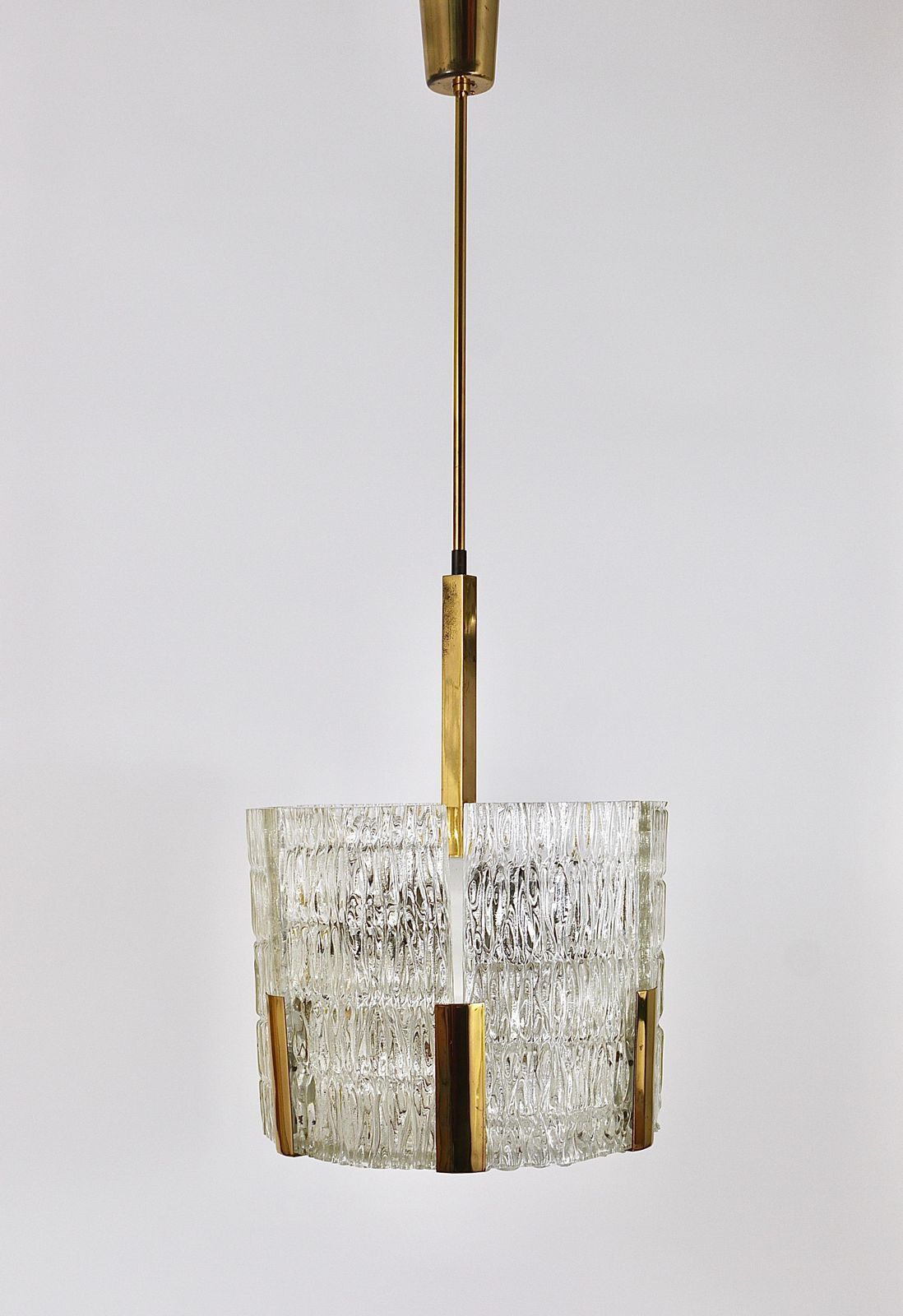 Kalmar Tambour Drum Chandelier, Brass, Textured Ice Glass, Austria, 1960s photo vinterior