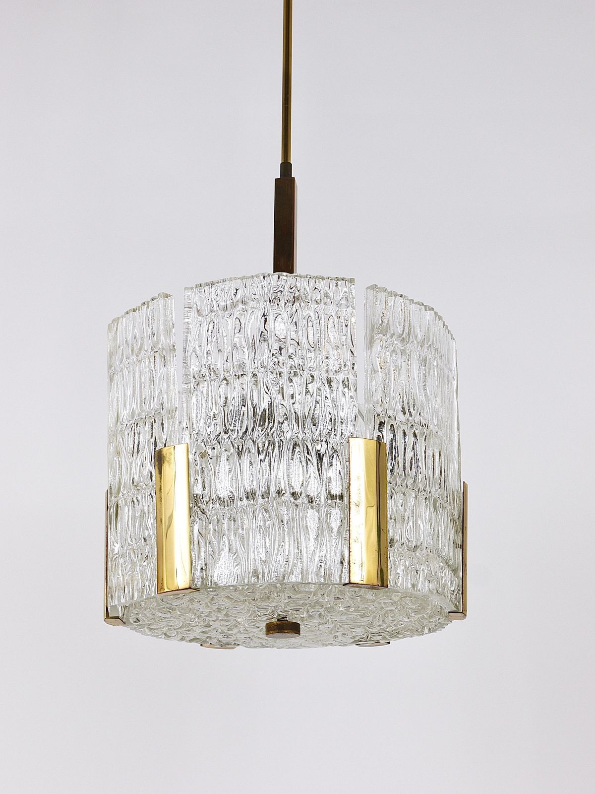 photo furniture Kalmar Tambour Drum Chandelier, Brass, Textured Ice Glass, Austria, 1960s