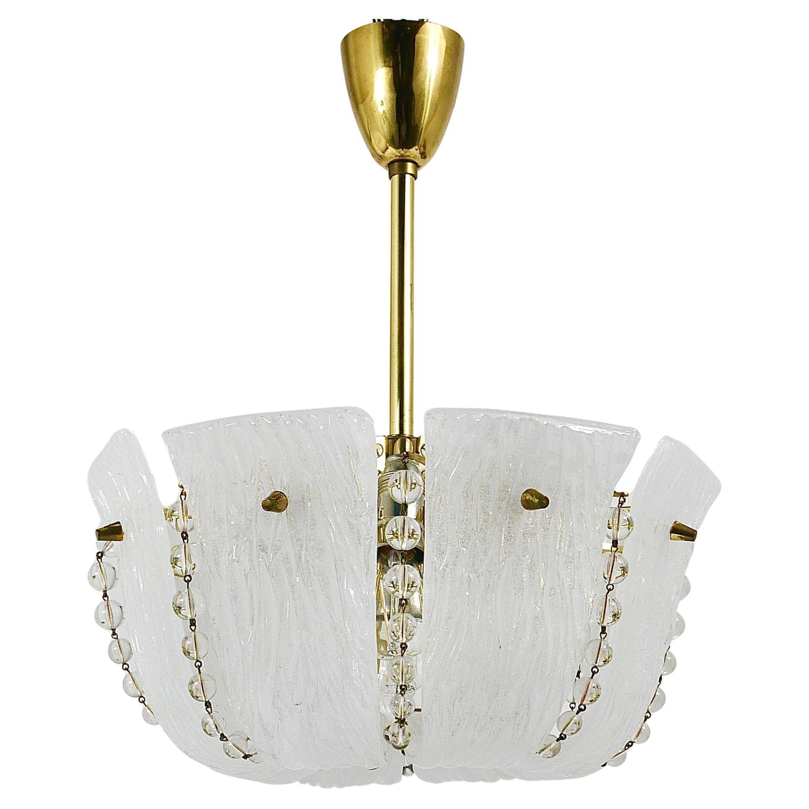 J.T. Kalmar Petite Curved Basket Chandelier, Brass & Glass, Austria, 1950s