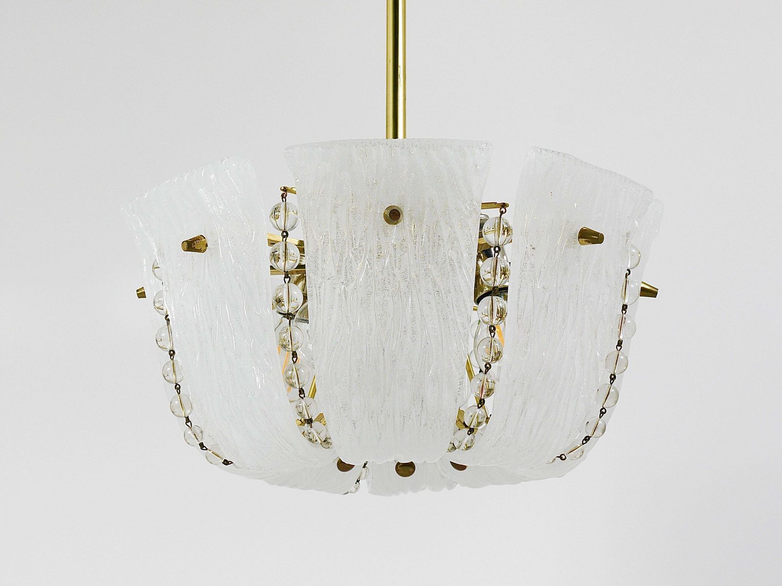 photo for sale J.T. Kalmar Petite Curved Basket Chandelier, Brass & Glass, Austria, 1950s