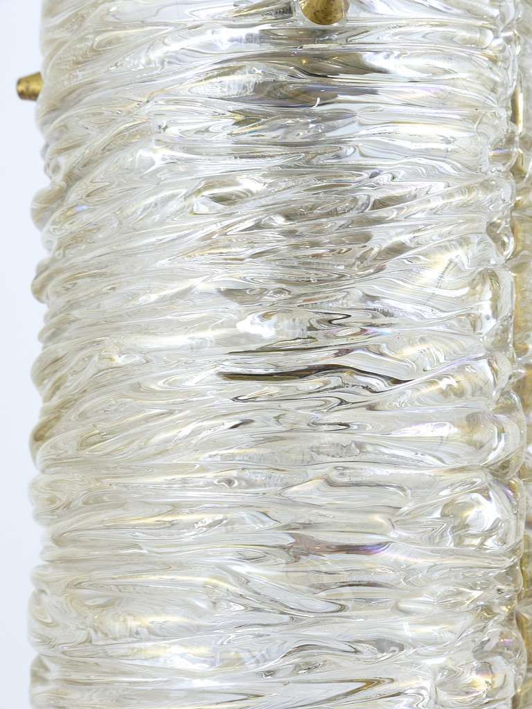 J.T. Kalmar Mid Century Textured Glass Tube Brass Pendant Lamp, Austria, 1950s photo vintage