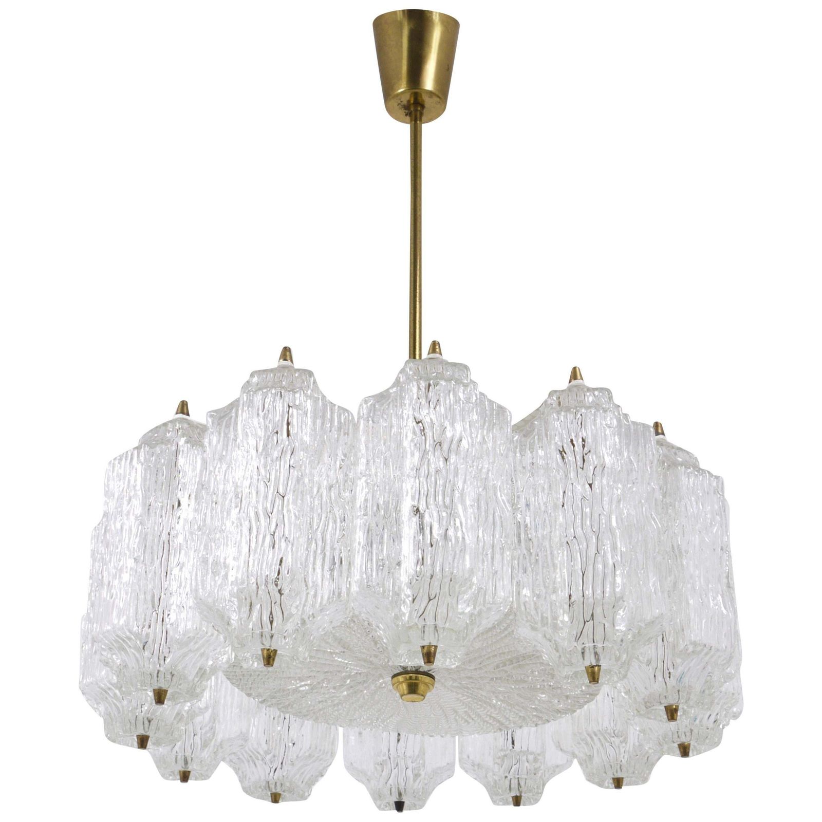 J.T. Kalmar Brass Chandelier With Textured Ice Glass, Austria, 1950s