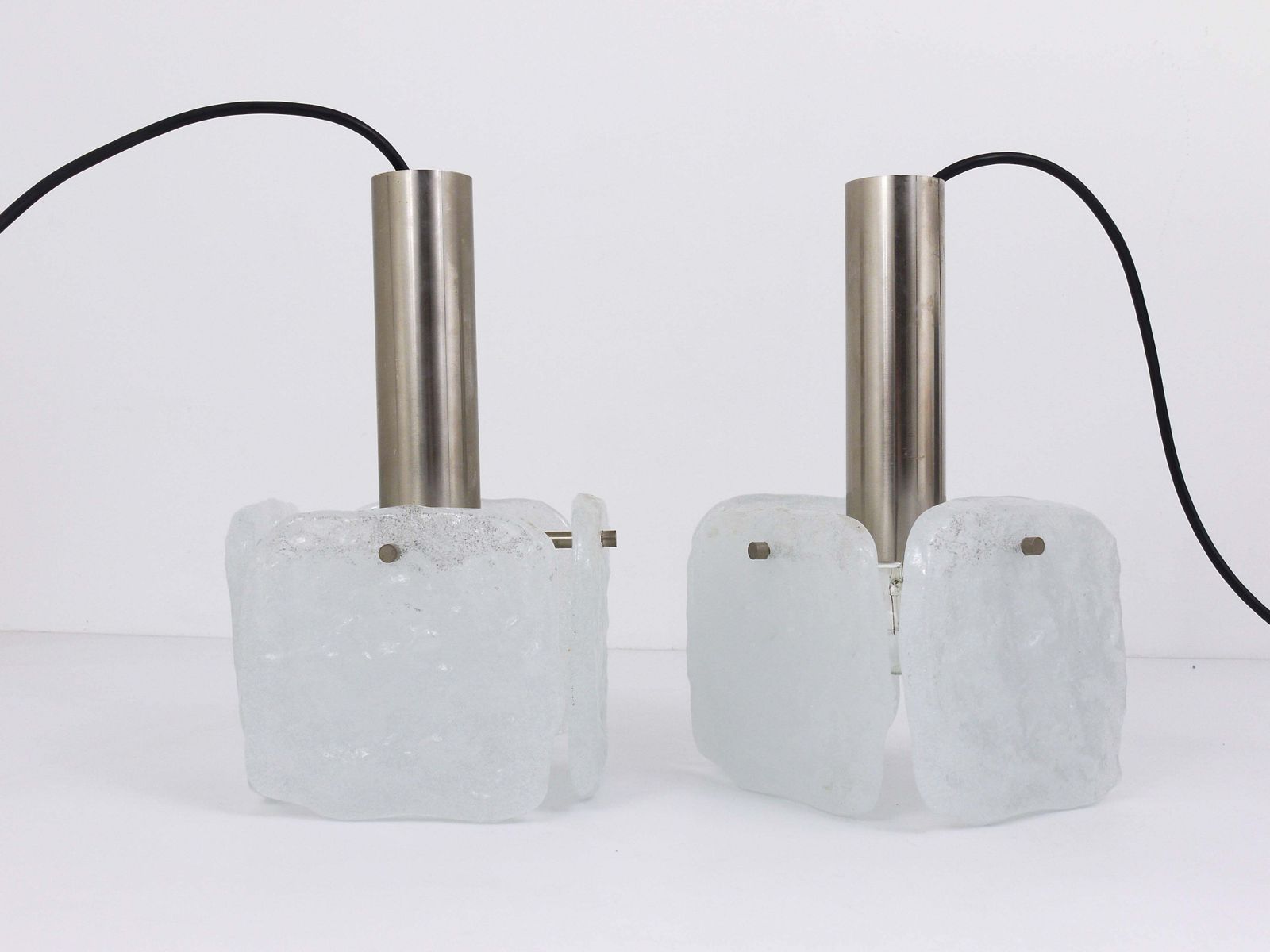 J.T. Kalmar 2x Frosted Ice Glass Panel Pendant Lamp, Austria, 1960s photo vinterior