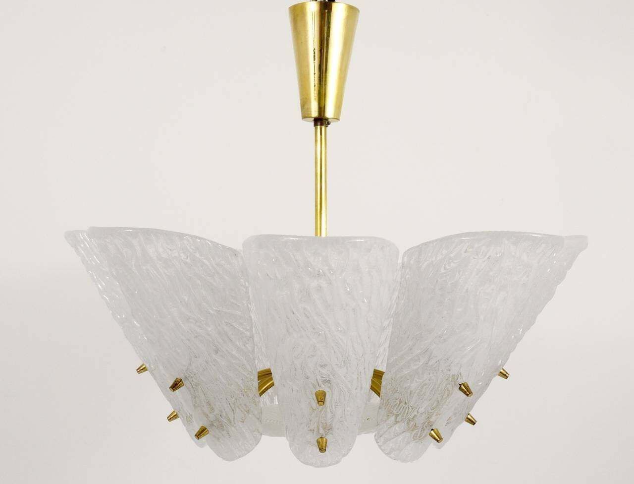 J. T. Kalmar Midcentury Brass Chandelier, White Textured Glass , 1950s photo vinterior