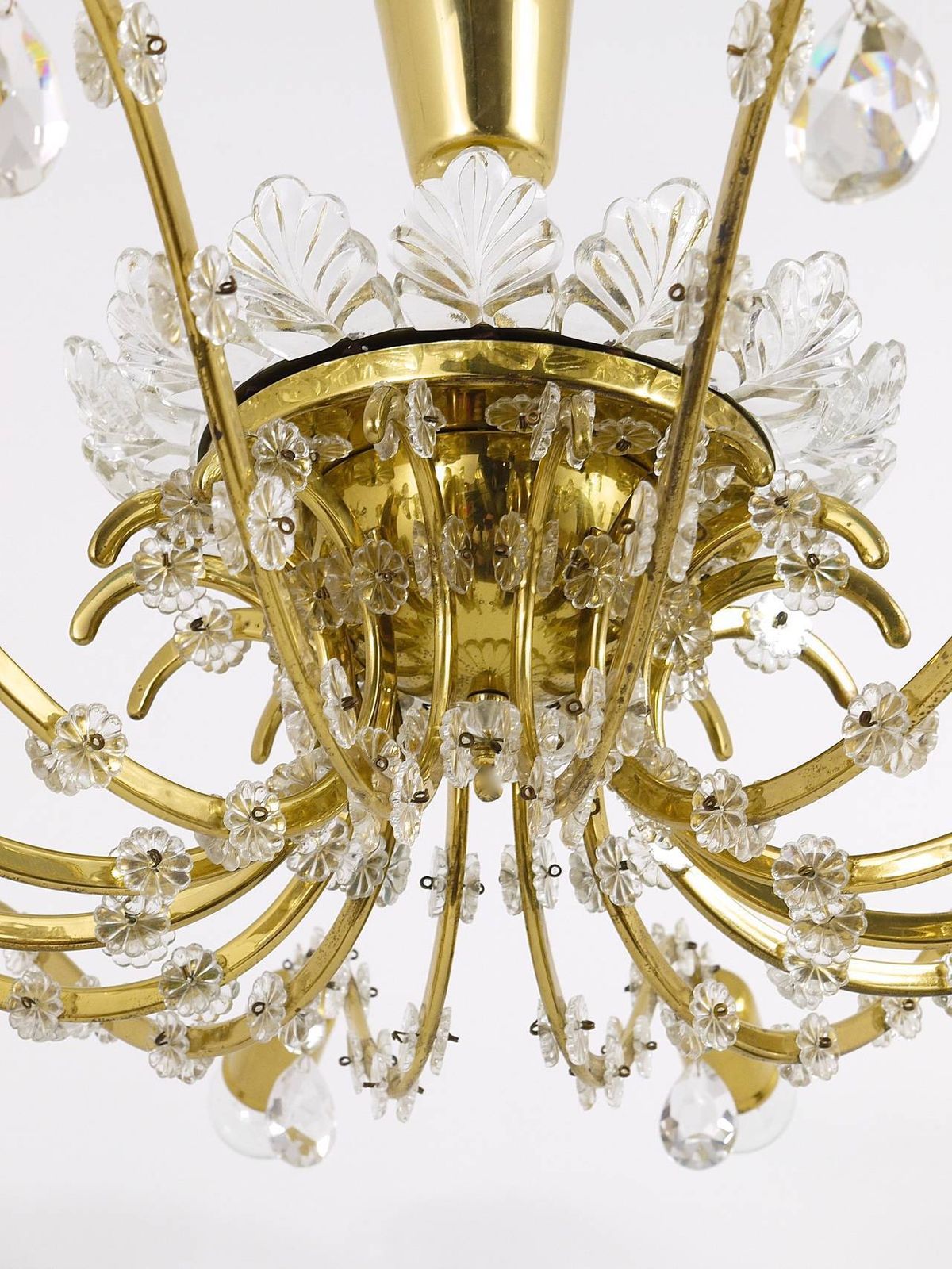 Huge Floral Lobmeyr Mid Century Brass Crystal Chandelier, 1950s, Austria photo vintage