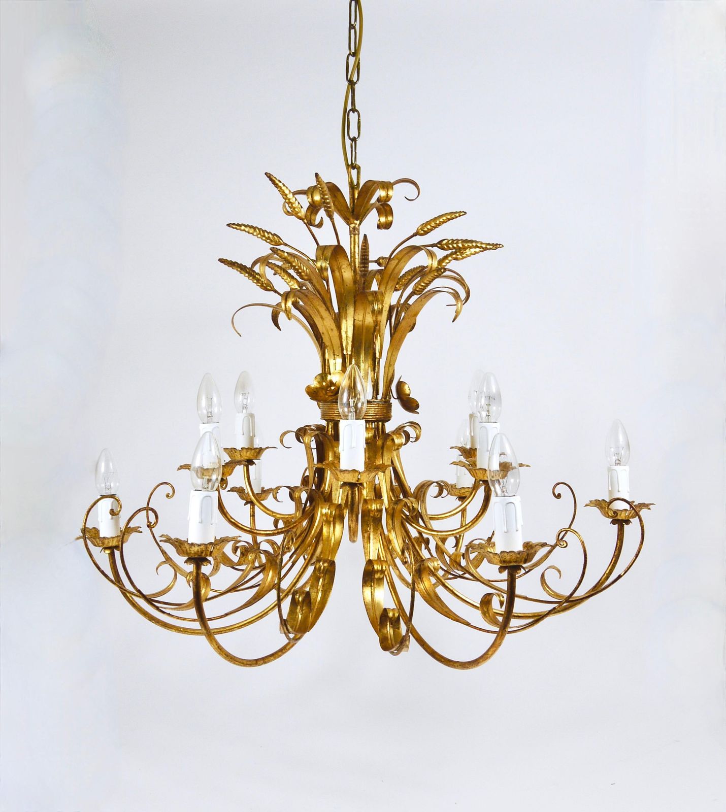 Hans Kögl Xl Hollywood Regency Wheat Floral Bouquet Gilt Iron Chandelier, 1970s photo 2902.0