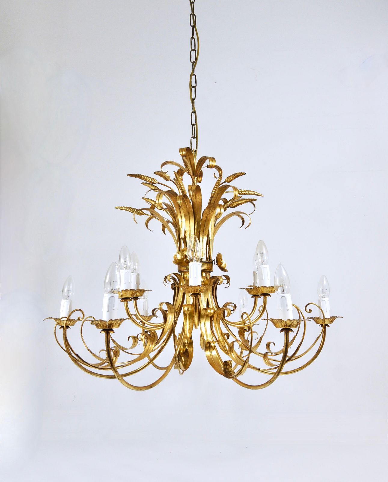 Lighting Hans Kögl Xl Hollywood Regency Wheat Floral Bouquet Gilt Iron Chandelier, 1970s photo