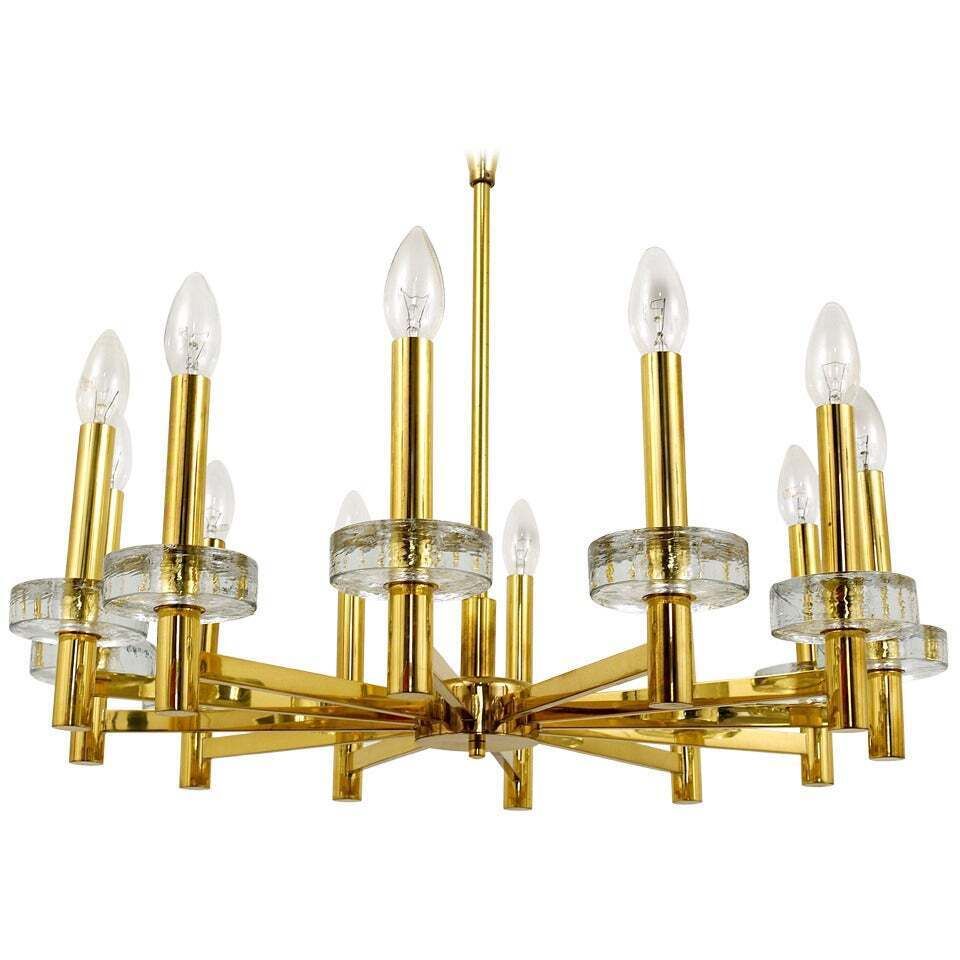 Gaetano Sciolari Style Brass & Glass Discs Chandelier, Mid Century, Italy, 1970s