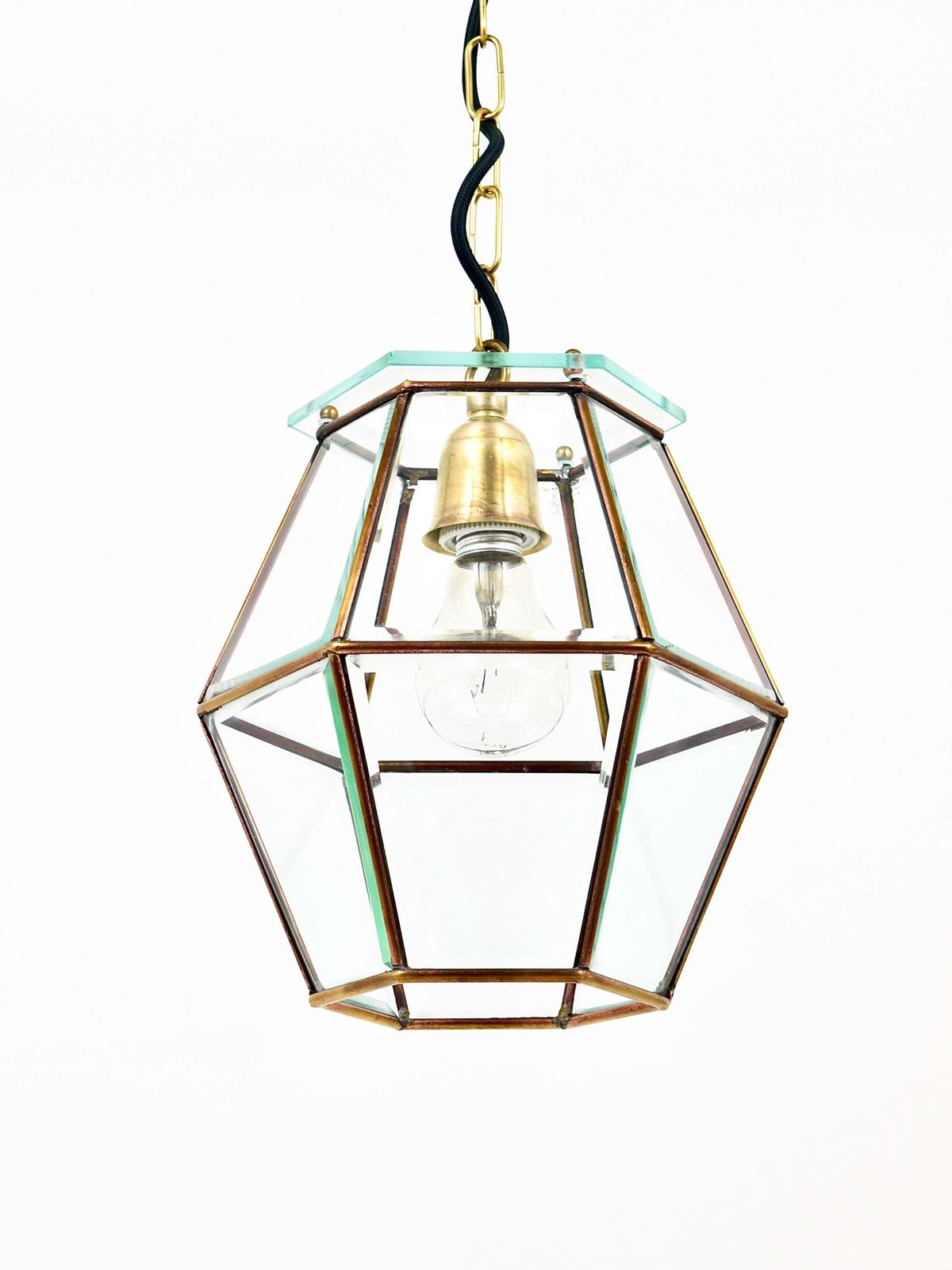 Fontana Arte Style Pendant Lamp Lantern, Brass & Facetted Glass, Italy, 1940s photo Lighting