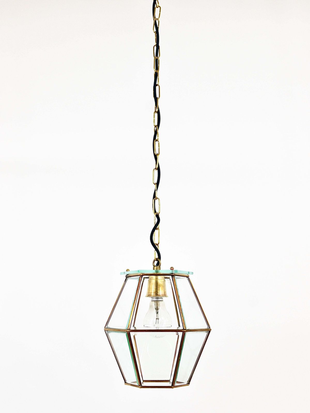 Fontana Arte Style Pendant Lamp Lantern, Brass & Facetted Glass, Italy, 1940s photo vintage