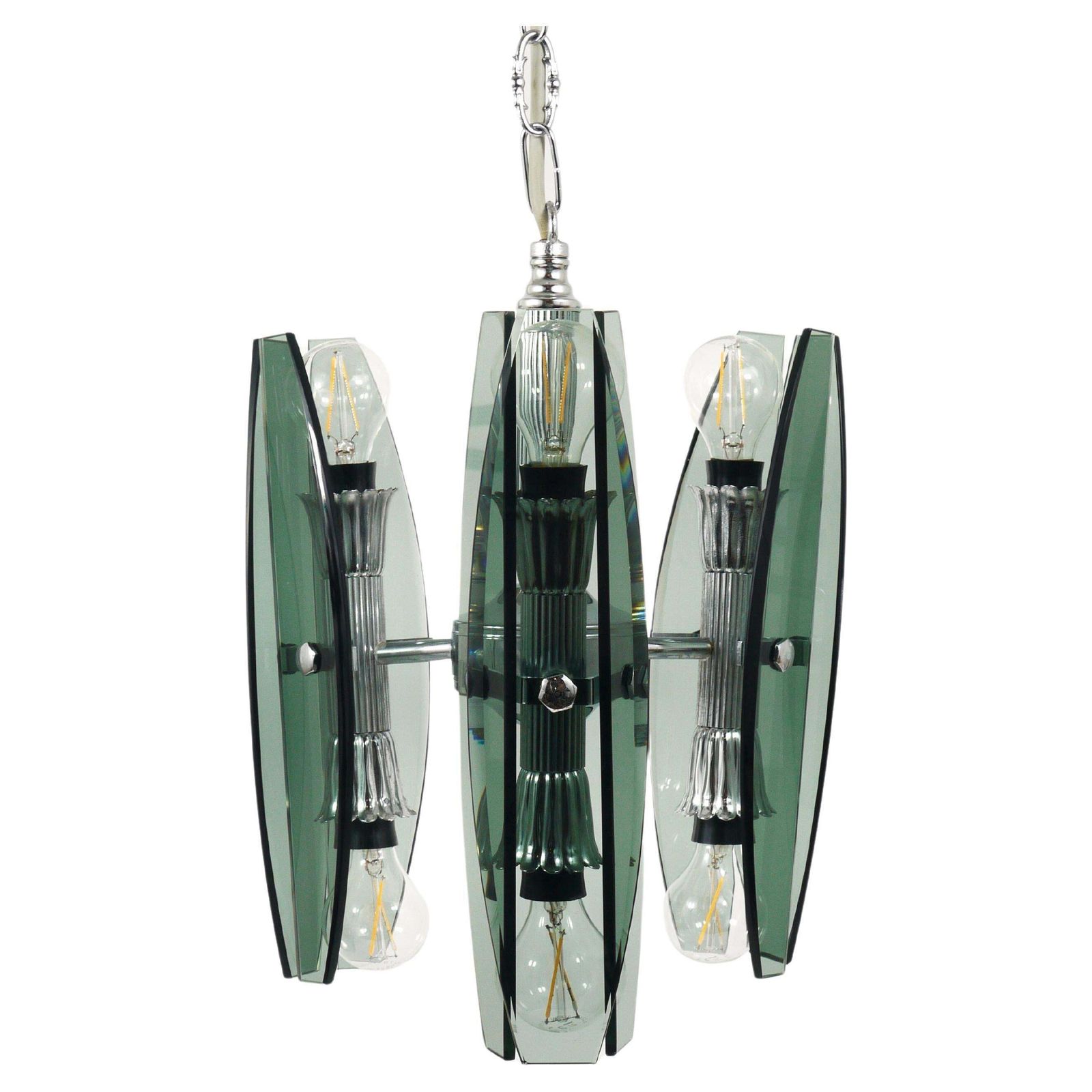 Fontana Arte Style Glass & Chrome Chandelier Pendant Light By Veca Murano, Italy