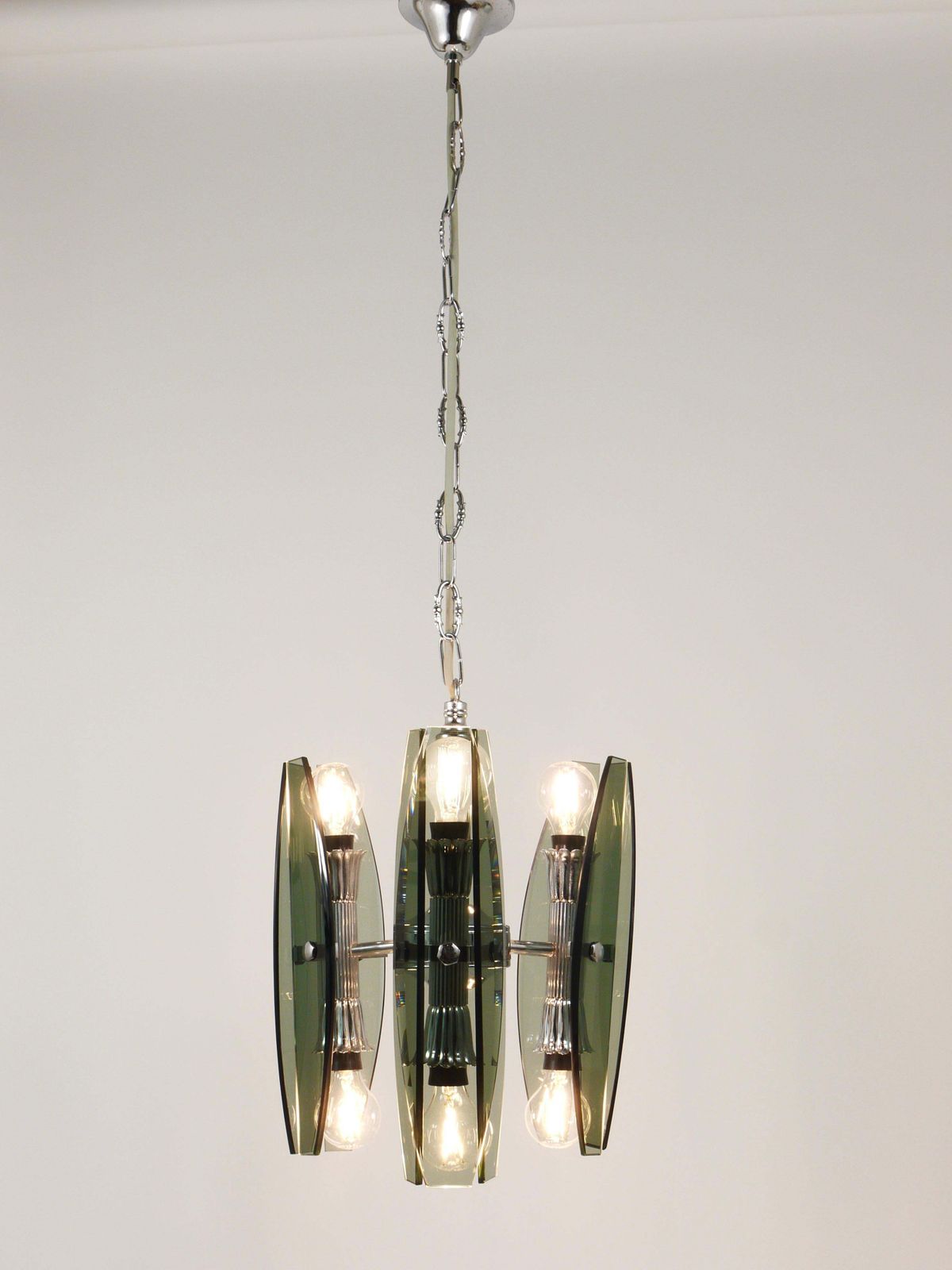Fontana Arte Style Glass & Chrome Chandelier Pendant Light By Veca Murano, Italy photo vintage