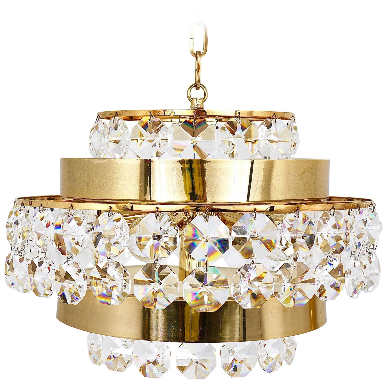 Bakalowits Vienna Gold Plated Brass & Diamond Crystals Chandelier, Austria, 1970