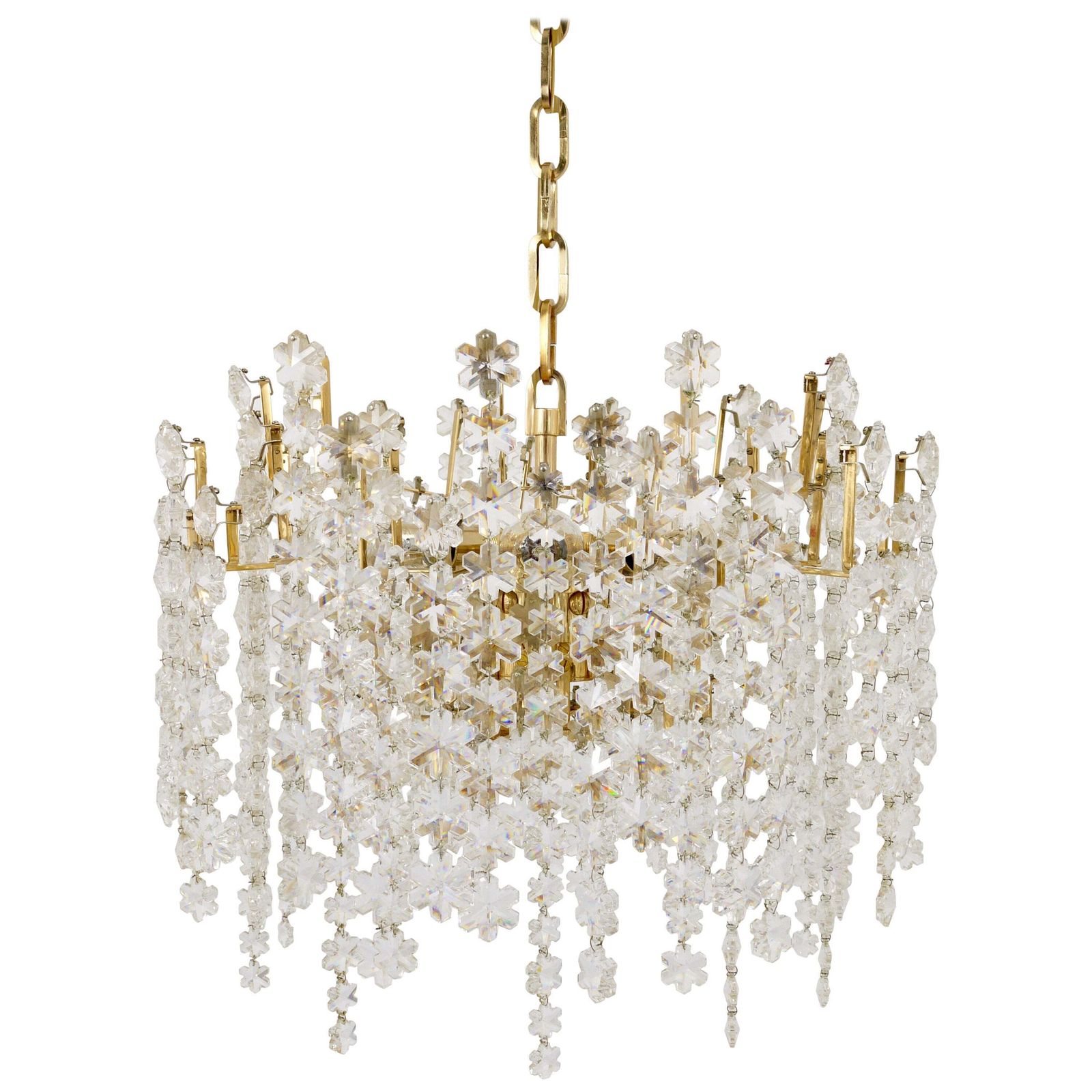Bakalowits Vienna Gold Plated Snowflake Crystal Glass Brass Chandelier, 1970s