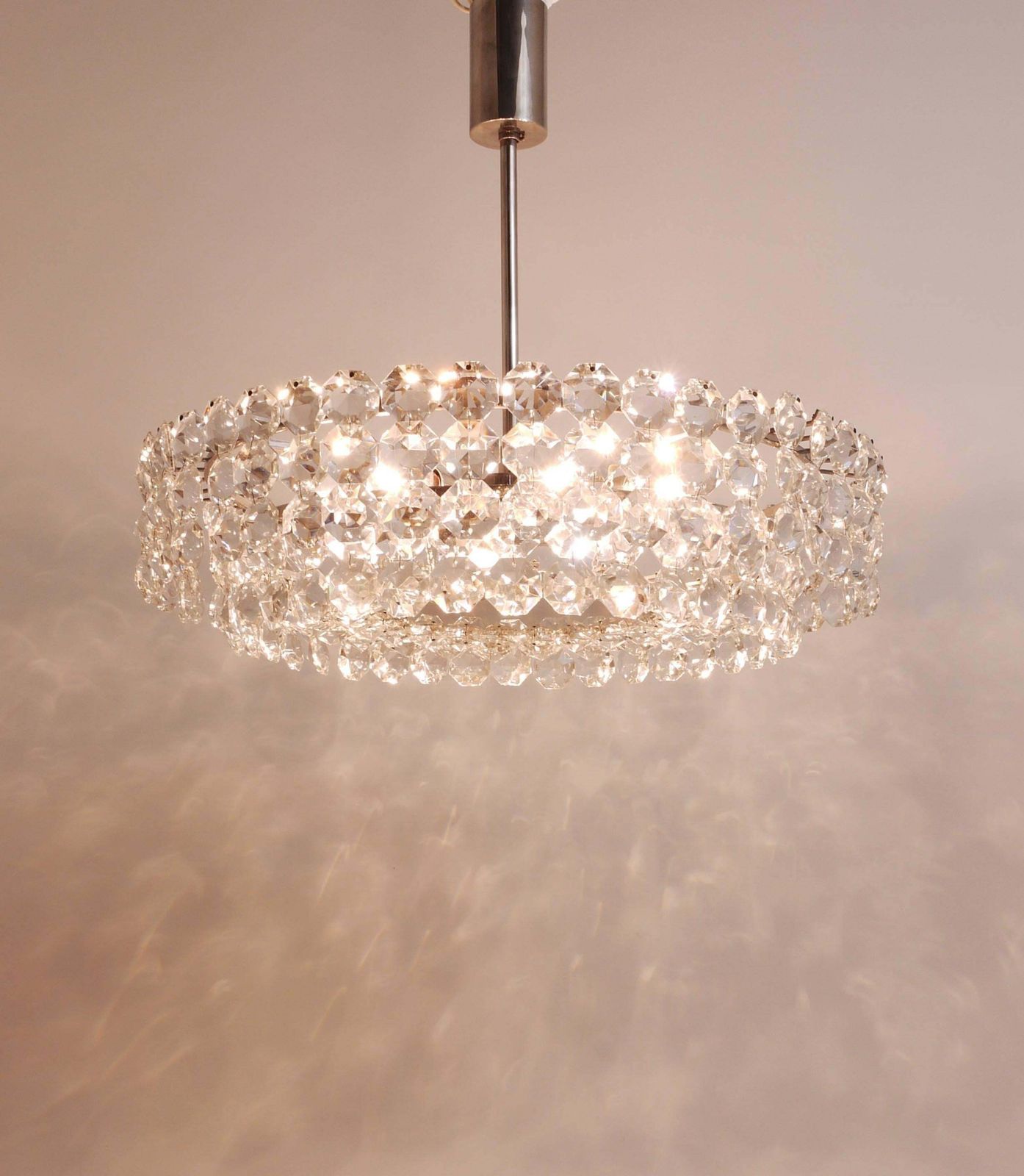 Bakalowits Large Nickel & Glass Chandelier With Diamond Shaped Crystals, 1960s photo for sale