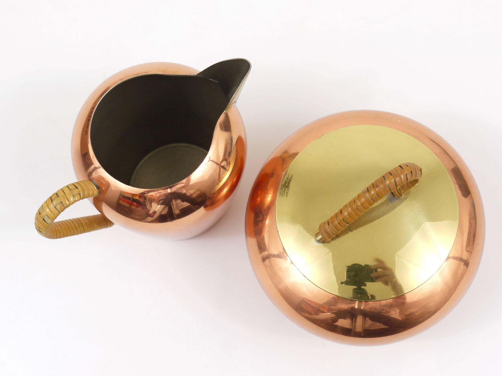 Mid Century Copper & Brass Milk Creamer And Sugar Bowl With Lid, Austria, 1950s photo furniture