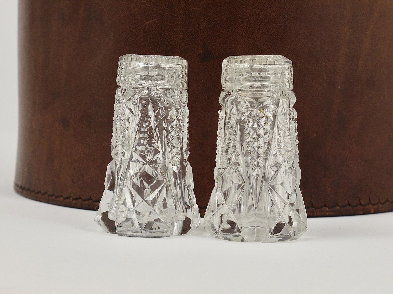 French Art Nouveau Salt & Pepper Shakers, Facetted Crystal Glass From The 1920s photo furniture