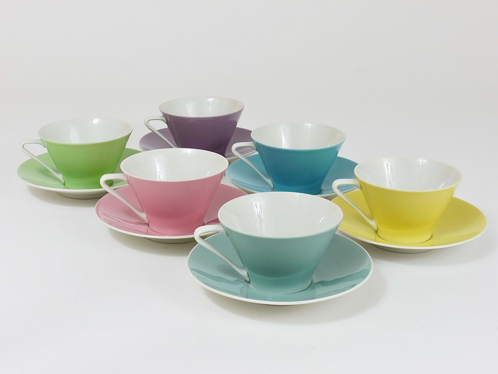 6 Midcentury Pastel Daisy Porcelain Coffee Cups, Lilien, Austria, 1950s photo for sale