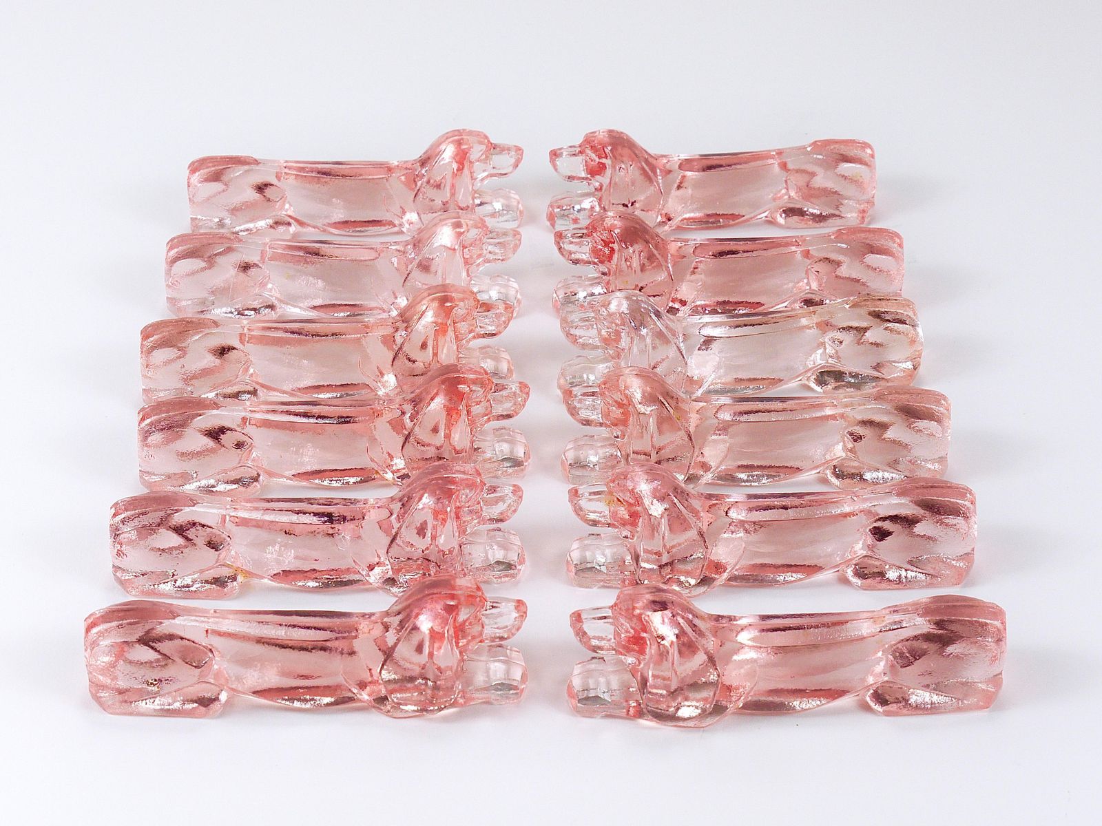 967.0 12 French Art Deco Dachshund Basset Hound Knife Rests, Rosé Glass, France, 1930s photo