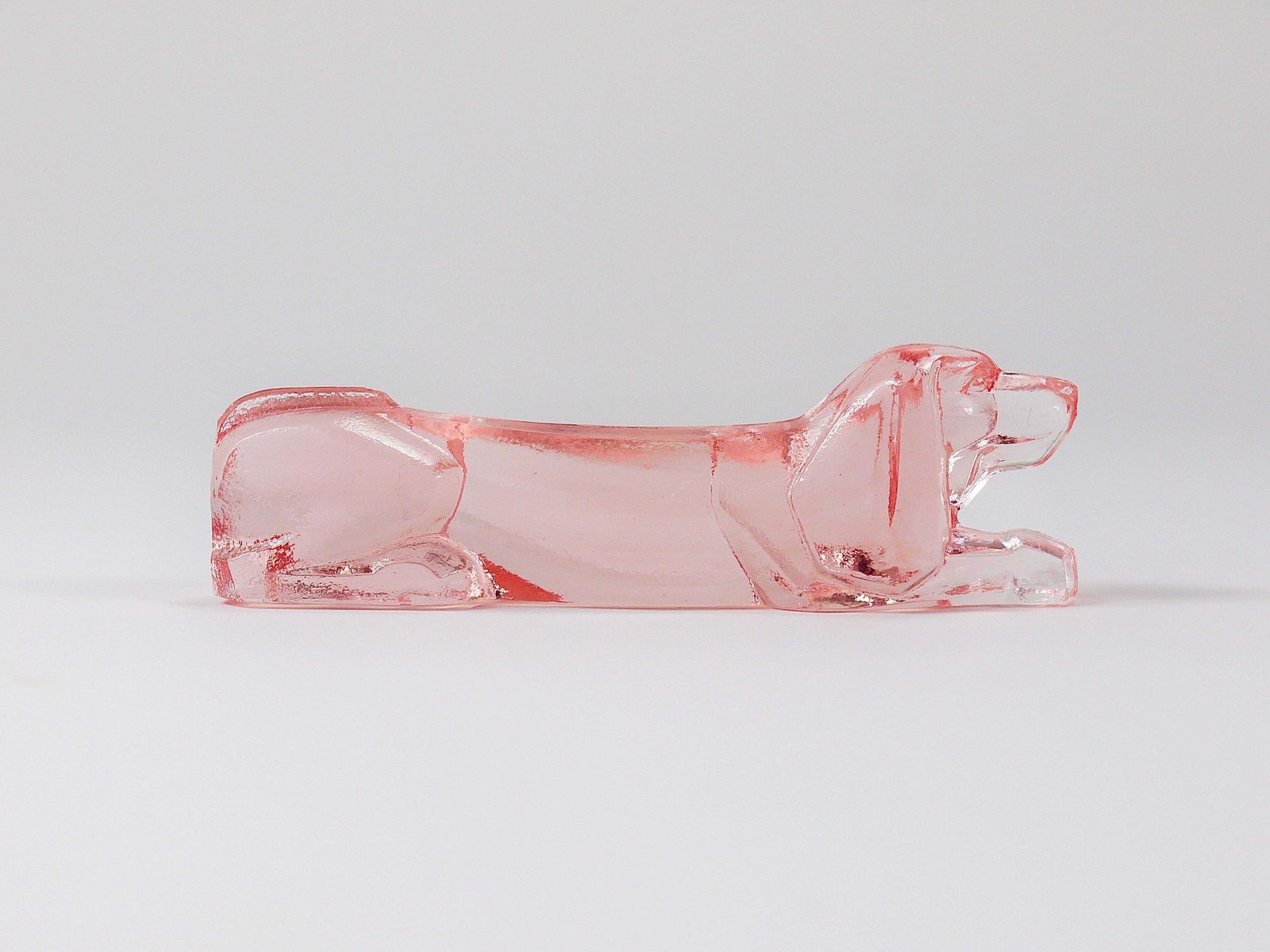 photo buy 12 French Art Deco Dachshund Basset Hound Knife Rests, Rosé Glass, France, 1930s