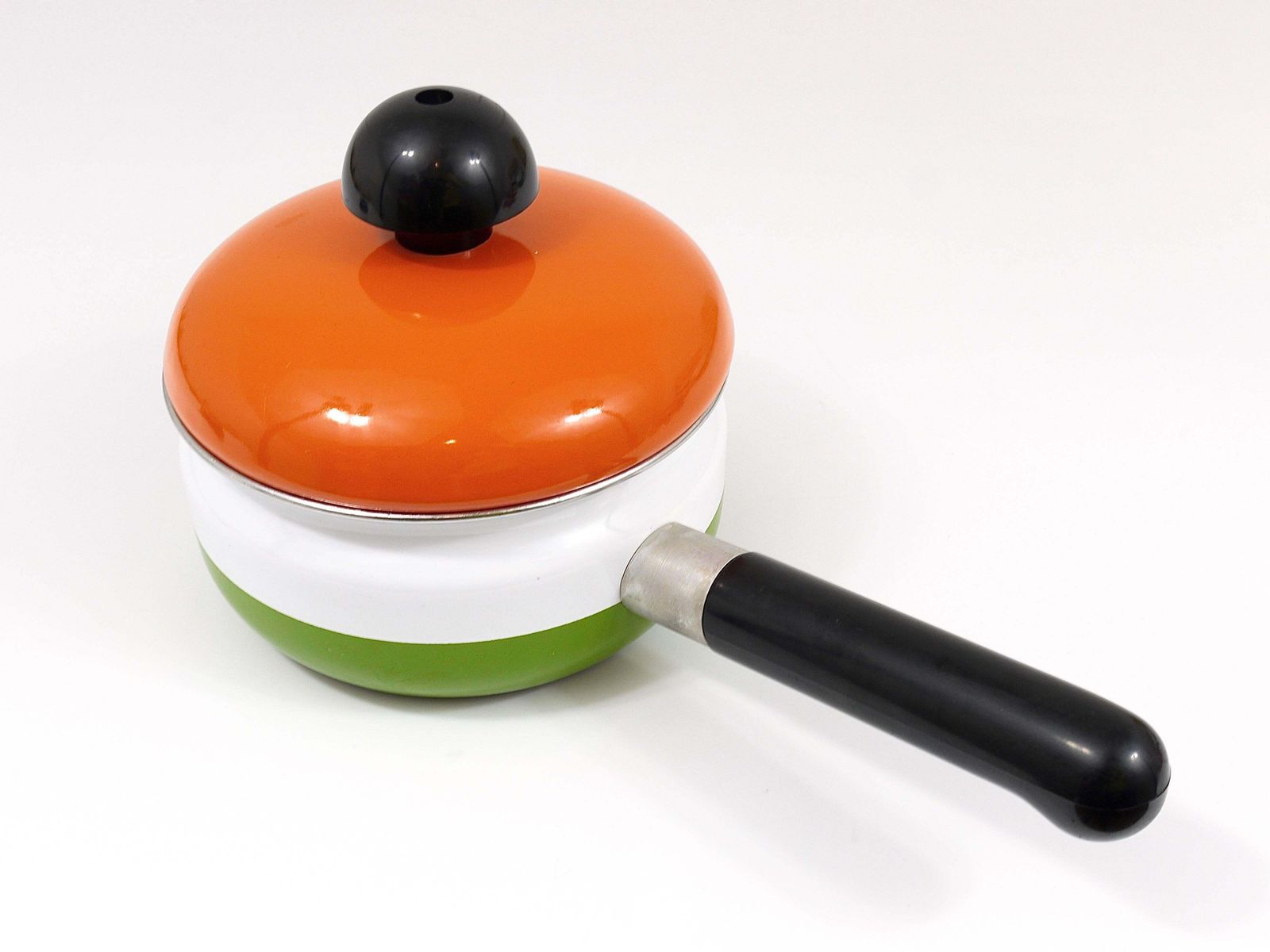 Carl Aubock Enameled Pot With Lid By Riess, Orange, White, Green, Austria, 1970s photo furniture