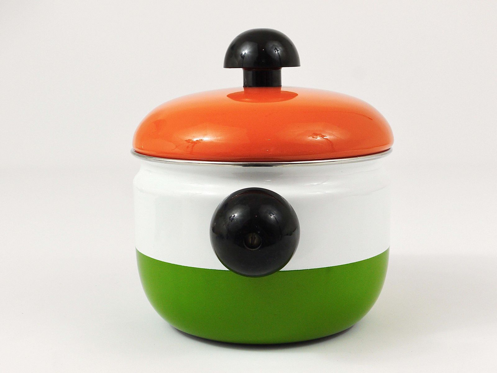 Carl Aubock Enameled Pot With Lid By Riess, Orange, White, Green, Austria, 1970s photo furniture