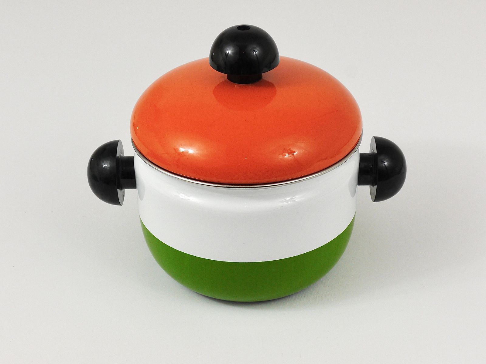 photo for sale Carl Aubock Enameled Pot With Lid By Riess, Orange, White, Green, Austria, 1970s