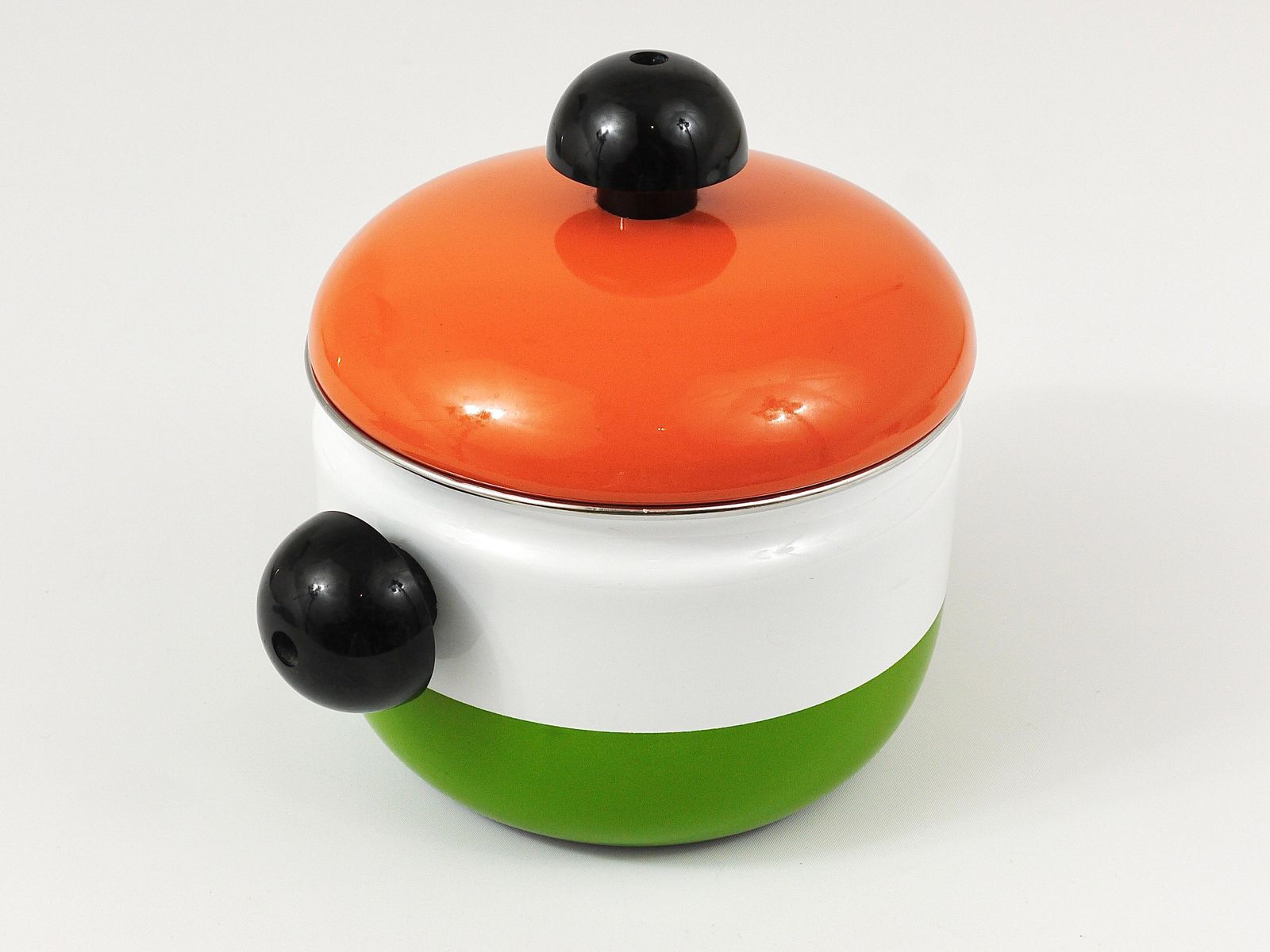 290.0 Carl Aubock Enameled Pot With Lid By Riess, Orange, White, Green, Austria, 1970s photo