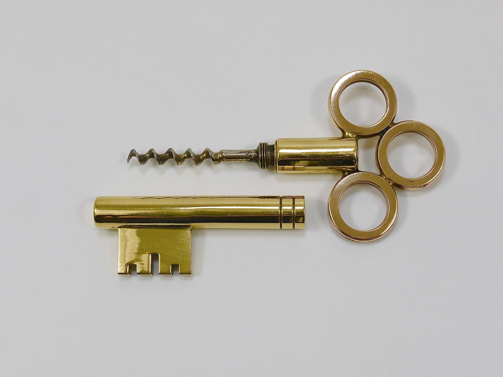 Large Carl Aubock Brass Key Corkscrew Bottle Opener Paperweight, Austria, 1950s photo vinterior