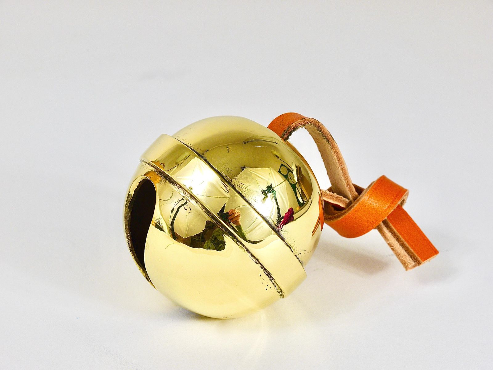 photo for sale Carl Auböck Handcrafted Paperweight Jingle Bell #5039, Brass, Leather, Austria
