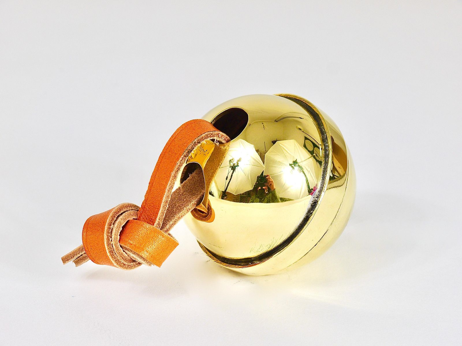 540.0 Carl Auböck Handcrafted Paperweight Jingle Bell #5039, Brass, Leather, Austria photo