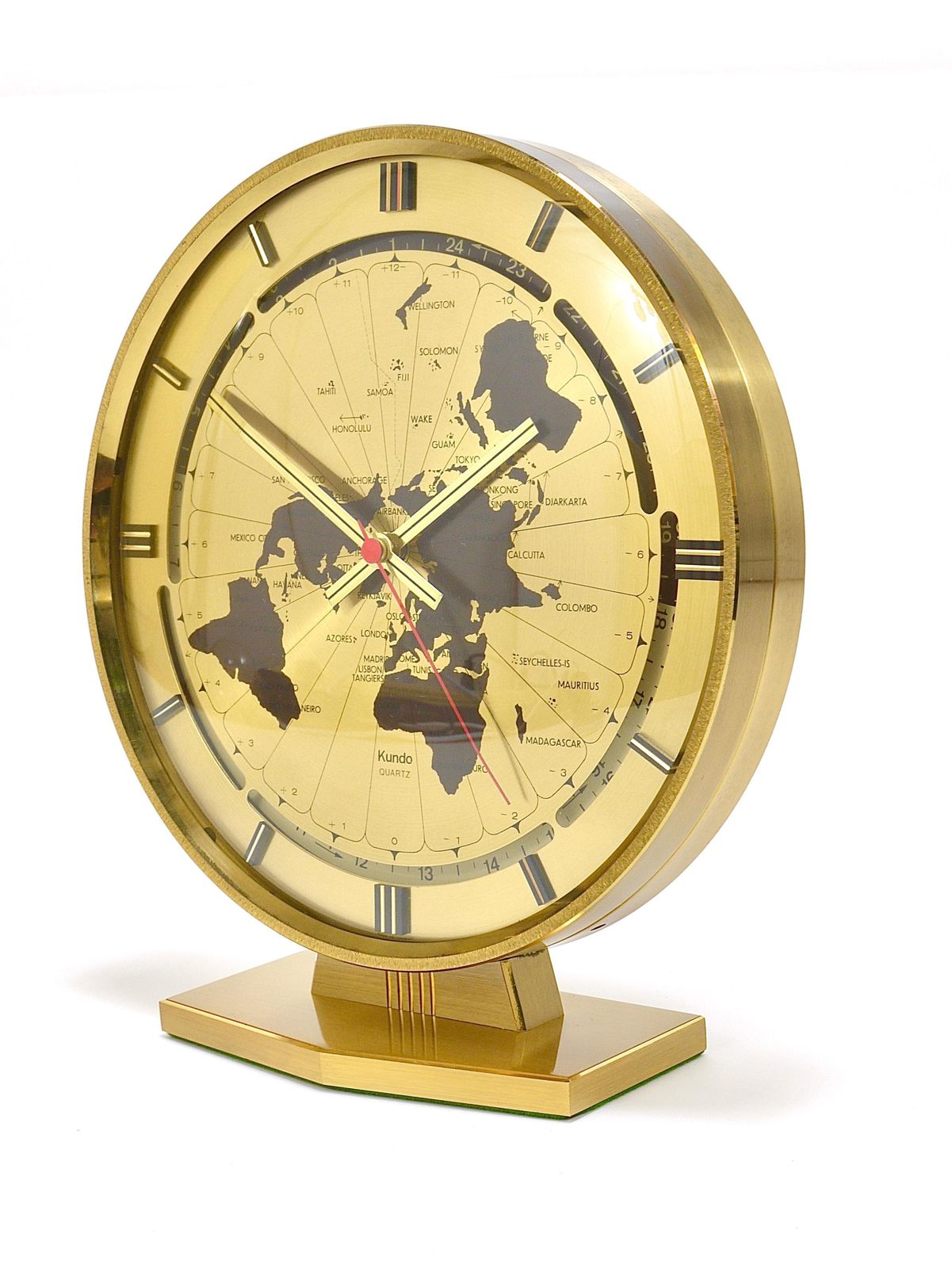 Large Kundo Gmt World Time Zone Brass Table Clock, Kieninger & Obergfell, 1960s photo for sale