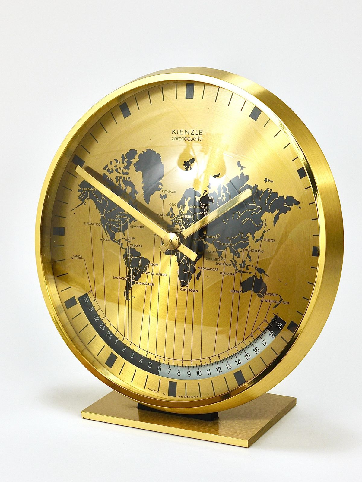 Kienzle Gmt World Time Zone Brass Table Clock, Midcentury, Germany, 1960s photo 967.0