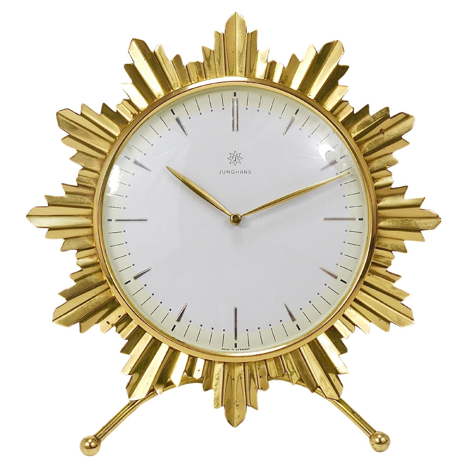 Junghans Mid Century Golden Sunburst Brass Table Desk Clock, Germany, 1950s
