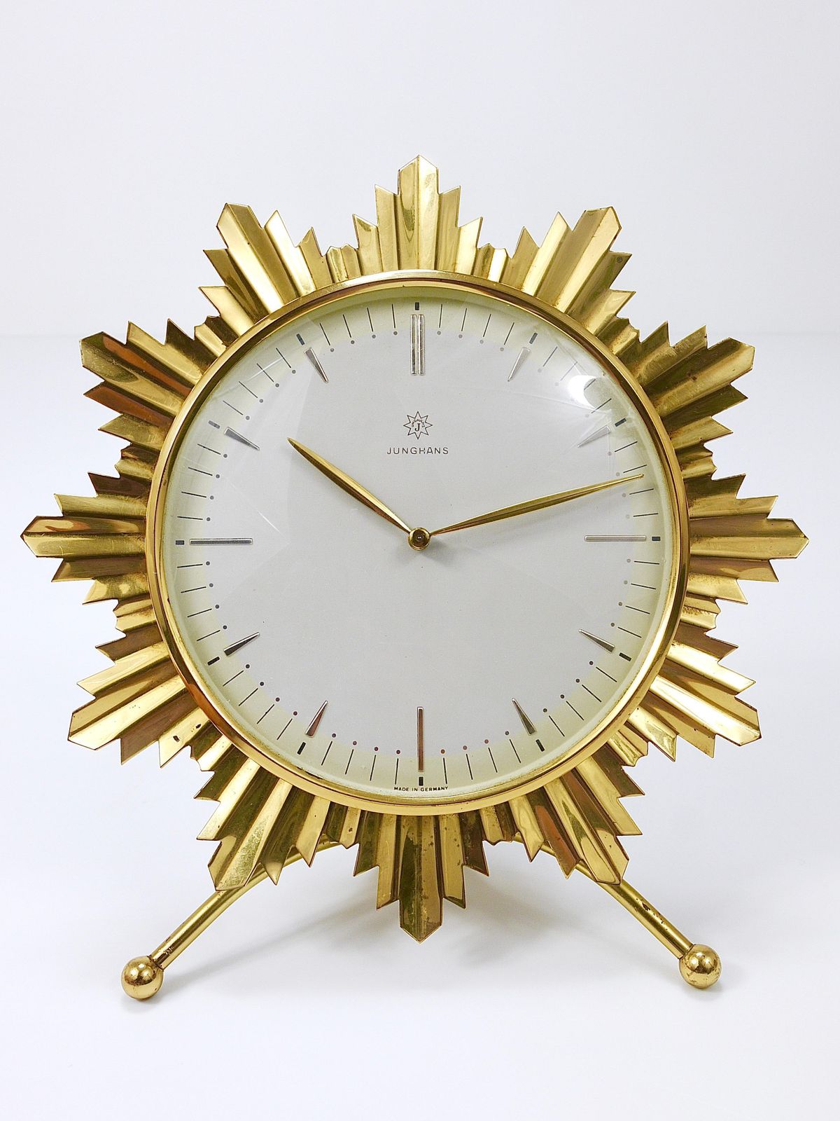 Junghans Mid Century Golden Sunburst Brass Table Desk Clock, Germany, 1950s photo for sale