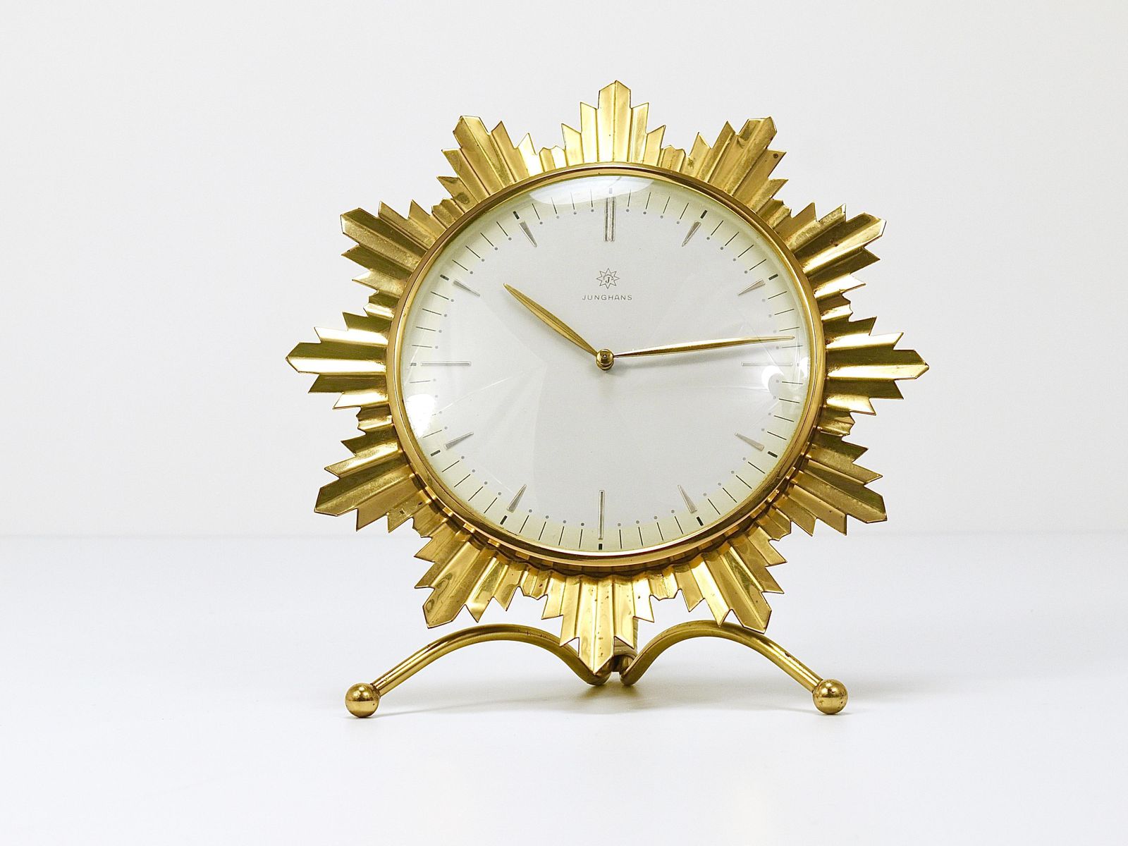 Junghans Mid Century Golden Sunburst Brass Table Desk Clock, Germany, 1950s photo vinterior