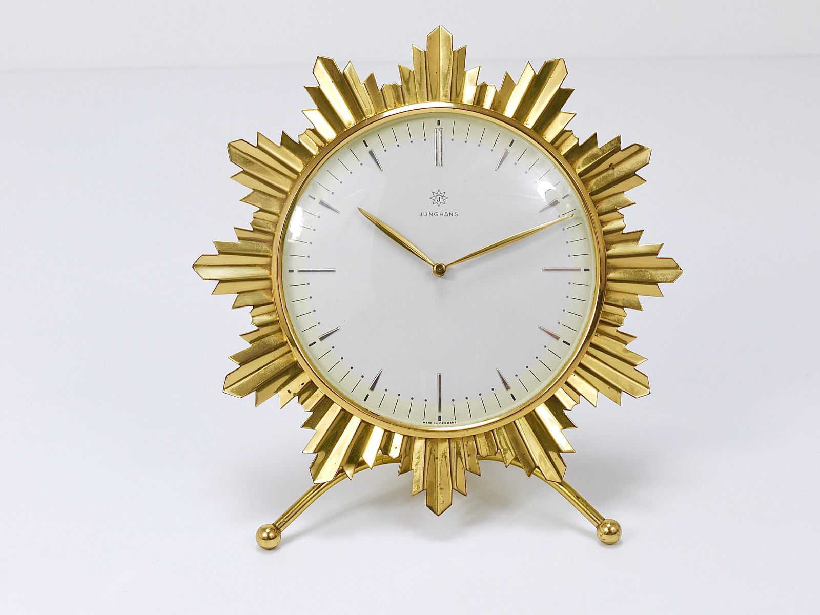 Junghans Mid Century Golden Sunburst Brass Table Desk Clock, Germany, 1950s photo vintage
