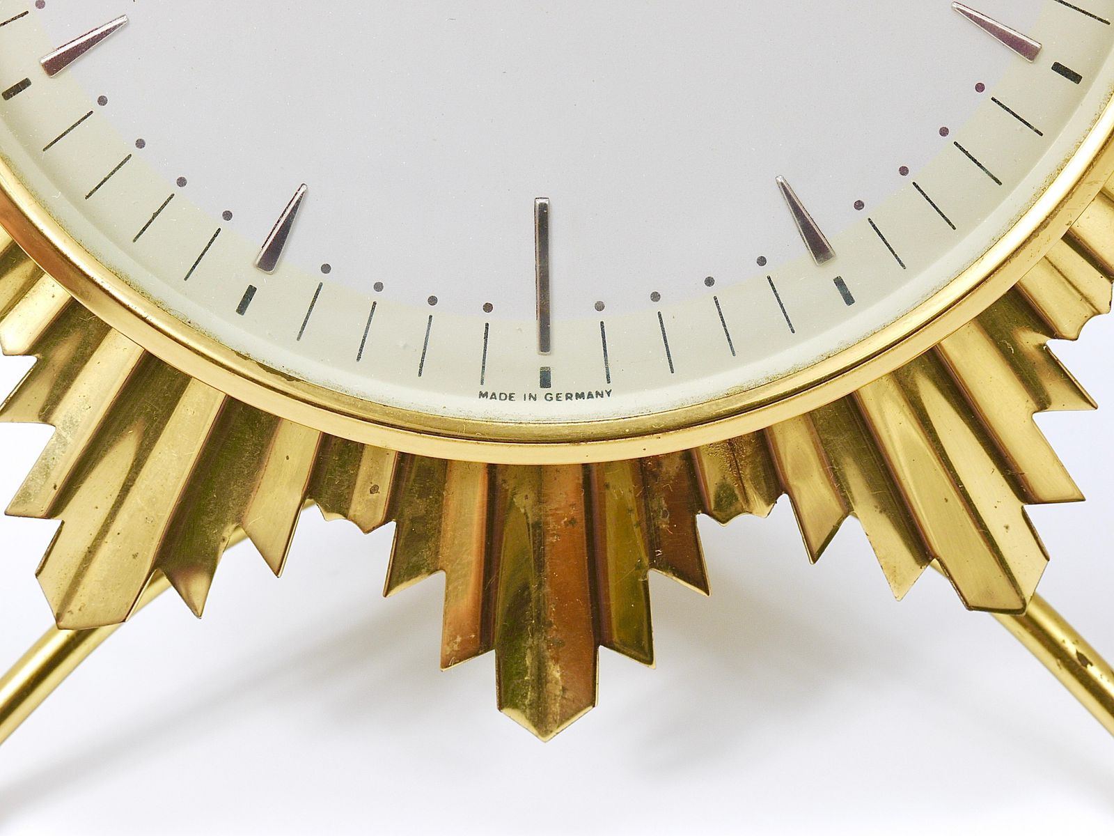 photo for sale Junghans Mid Century Golden Sunburst Brass Table Desk Clock, Germany, 1950s