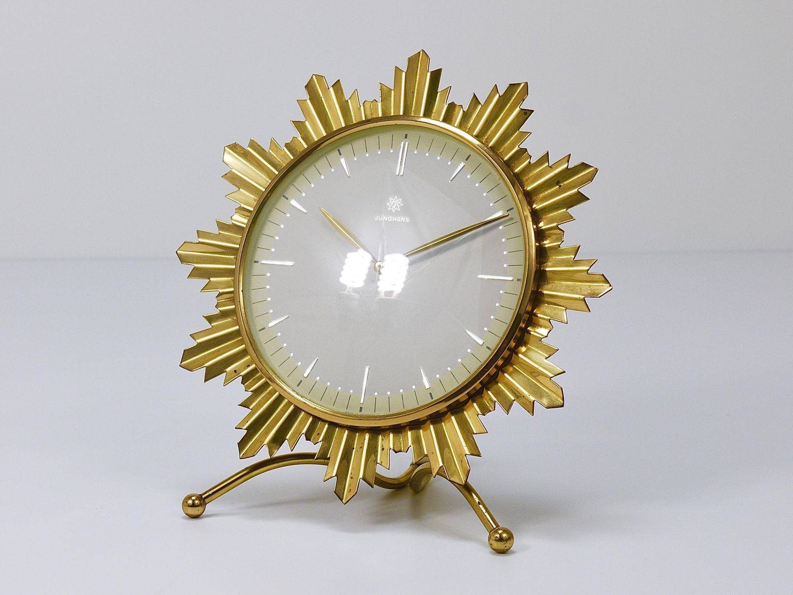 photo buy Junghans Mid Century Golden Sunburst Brass Table Desk Clock, Germany, 1950s