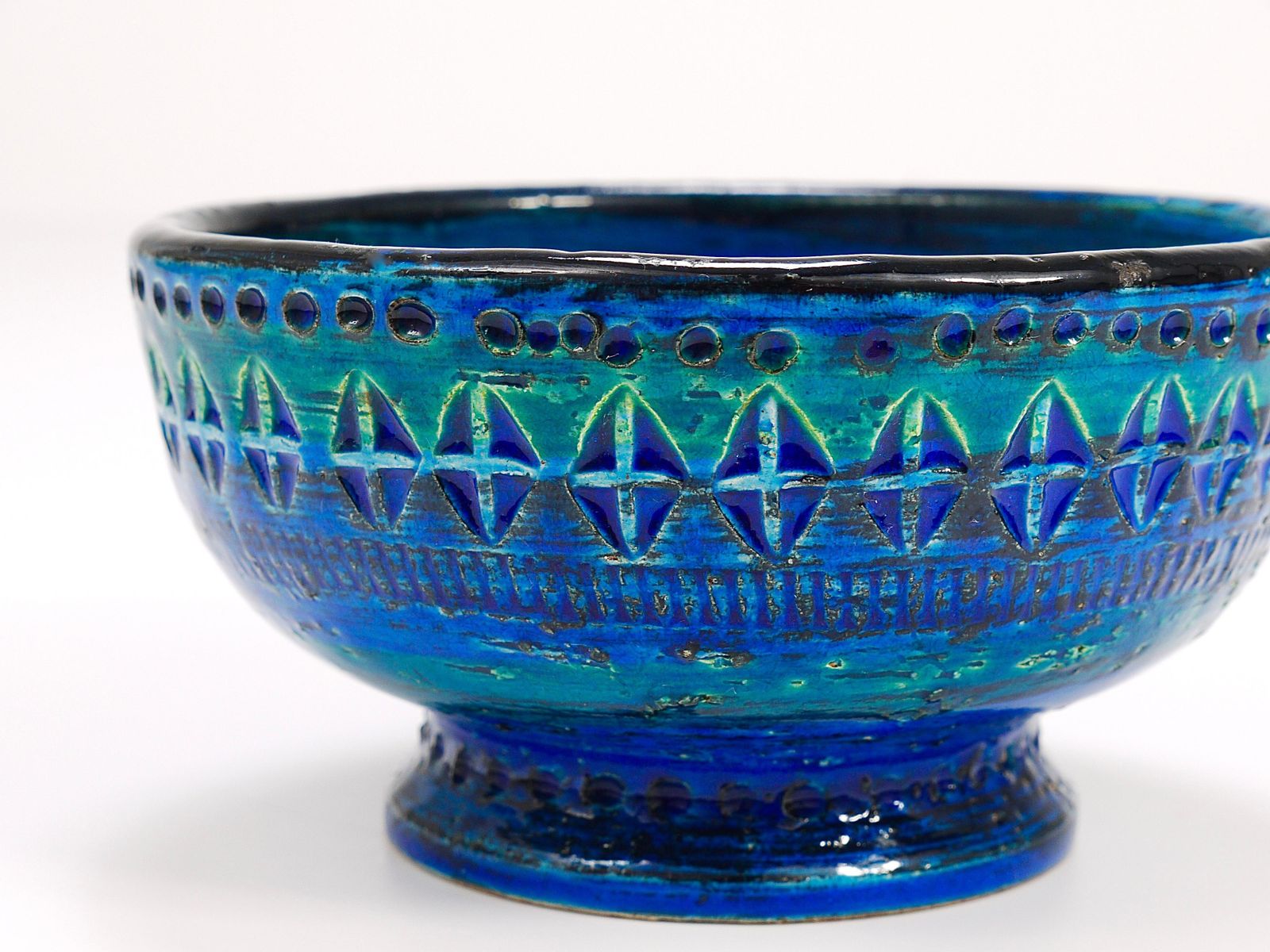photo for sale Aldo Londi Bitossi Rimini Blue Glazed Midcentury Candle Holder Bowl, 1950s