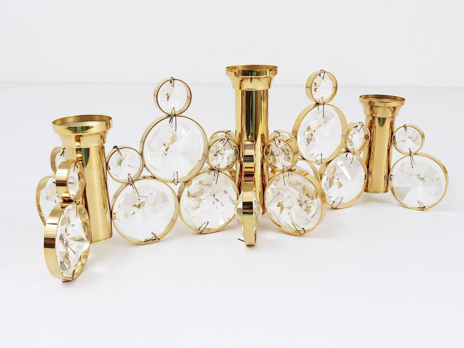 5x Palwa Gaetano Sciolari Style Brass & Crystal Candle Holder Candlestick, 1970s photo for sale