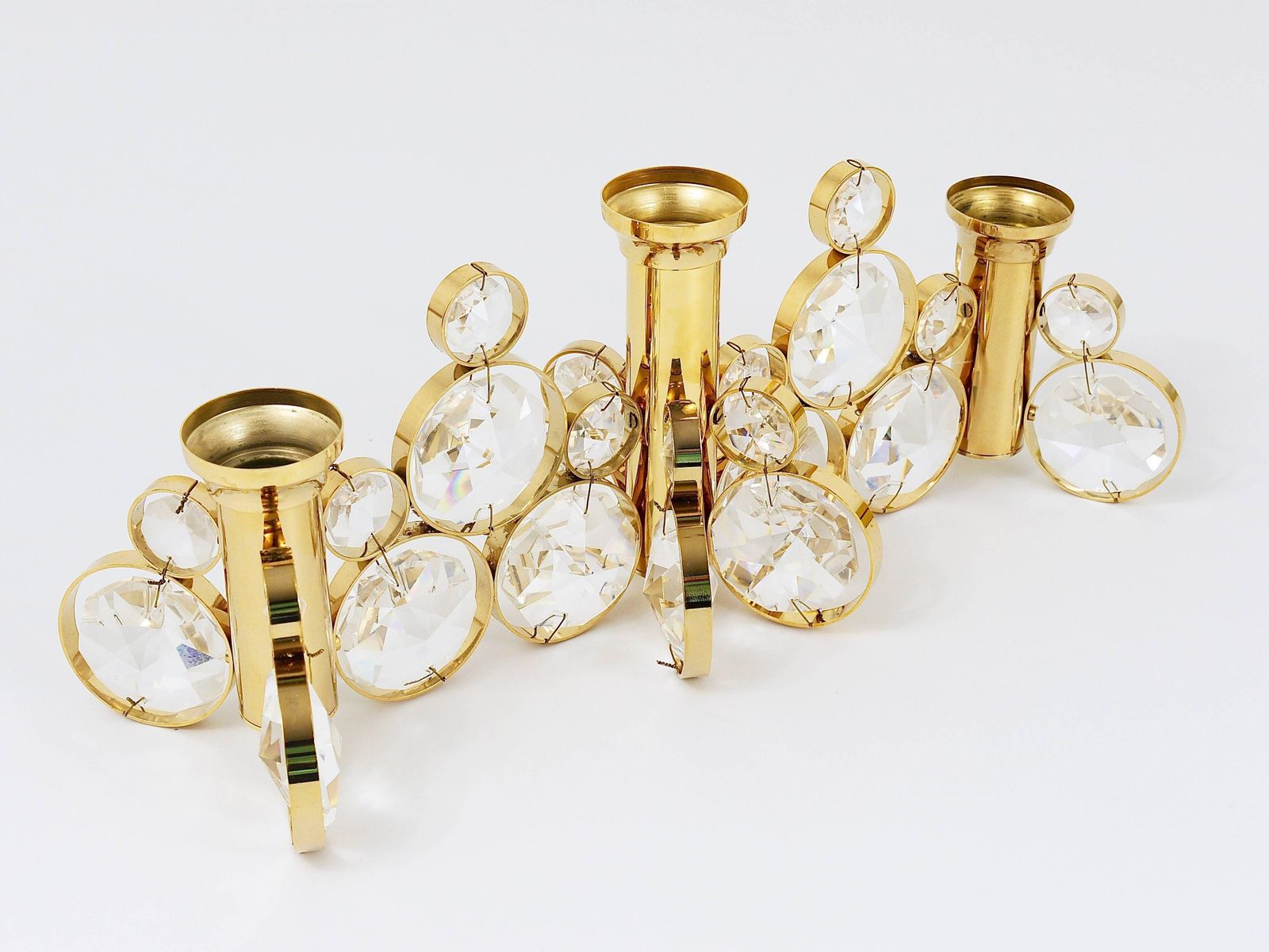 5x Palwa Gaetano Sciolari Style Brass & Crystal Candle Holder Candlestick, 1970s photo Home Decor