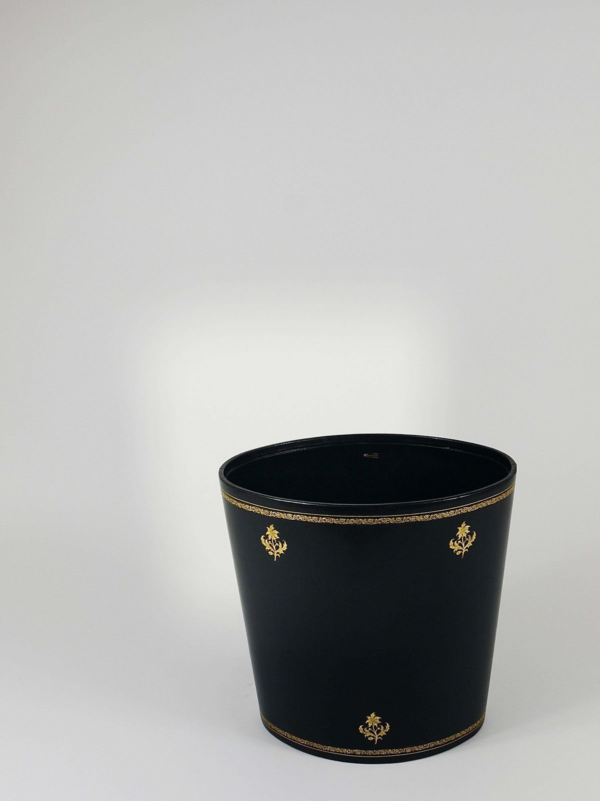 Home Decor Morabito Paris Black & Gold Leather Wastepaper Basket Bin, France, 1970s photo