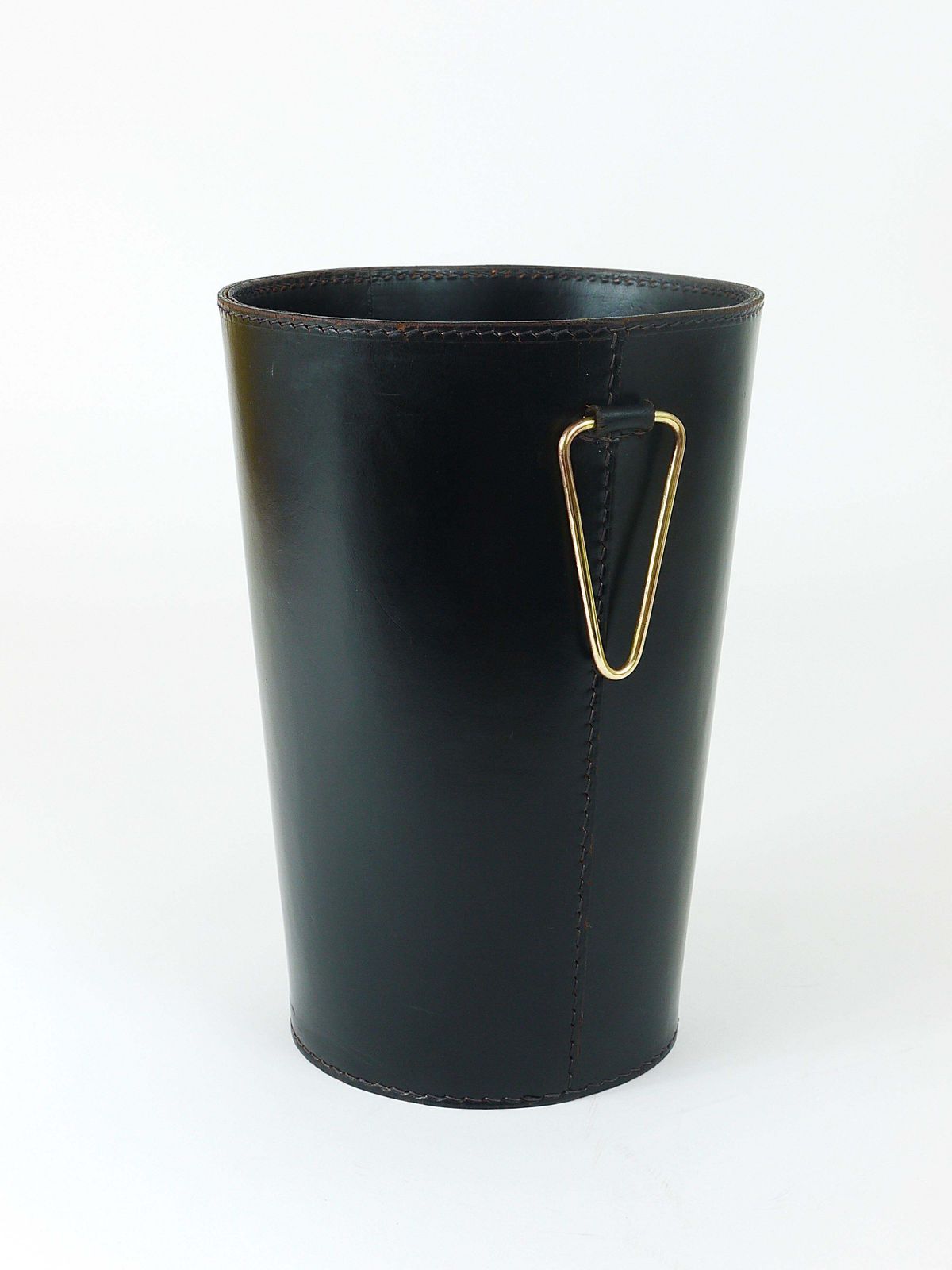 Mid Century Carl Auböck Black Leather & Brass Wastepaper Basket, Austria, 1950s photo 1936.0