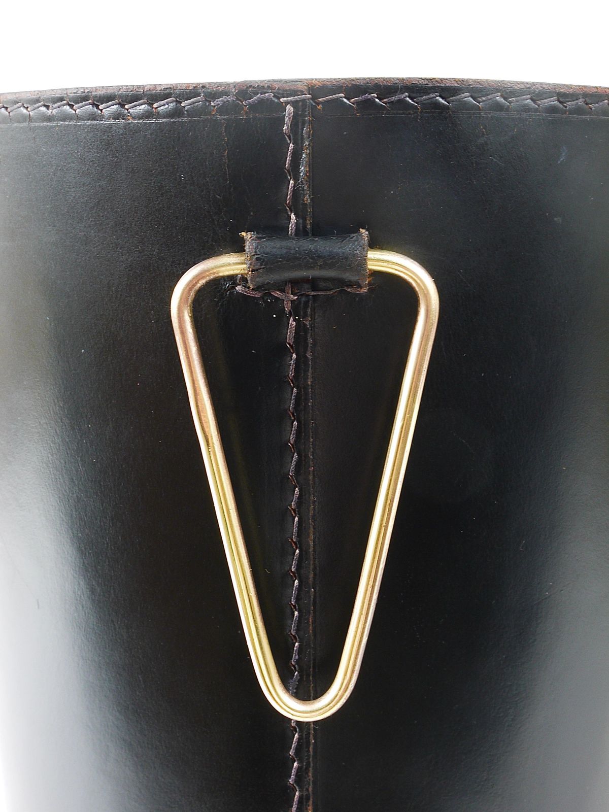 photo for sale Mid Century Carl Auböck Black Leather & Brass Wastepaper Basket, Austria, 1950s