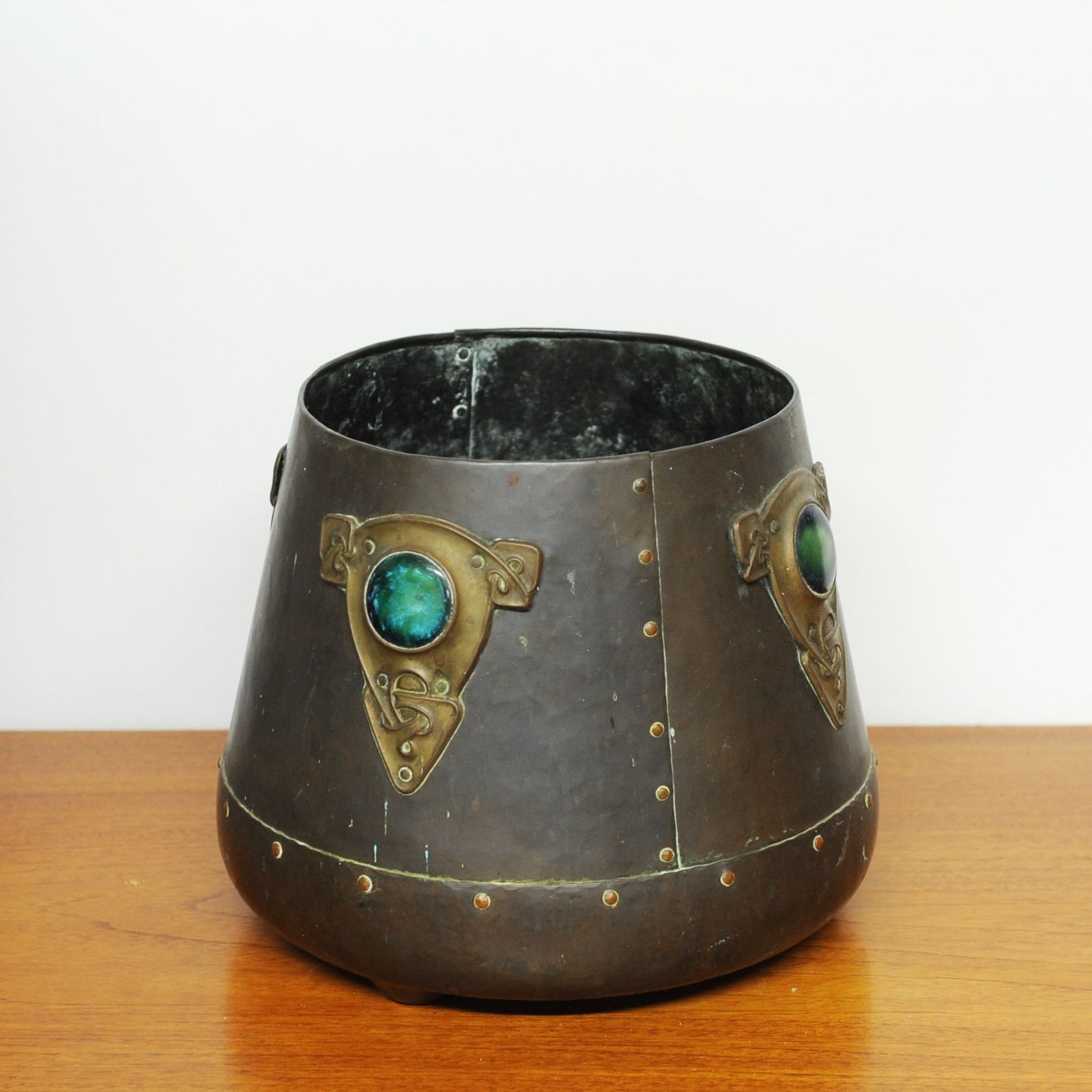 Art Nouveau Metal Cylindrical Plant Pot With Ornate Details And Enamel Embellishments, 1910 photo furniture