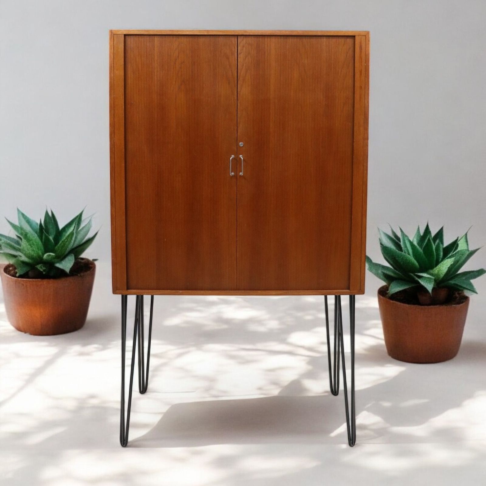 1960s Teak Cupboard With Metal Shelving Sliding Tambour Doors Free Uk Delivery photo for sale